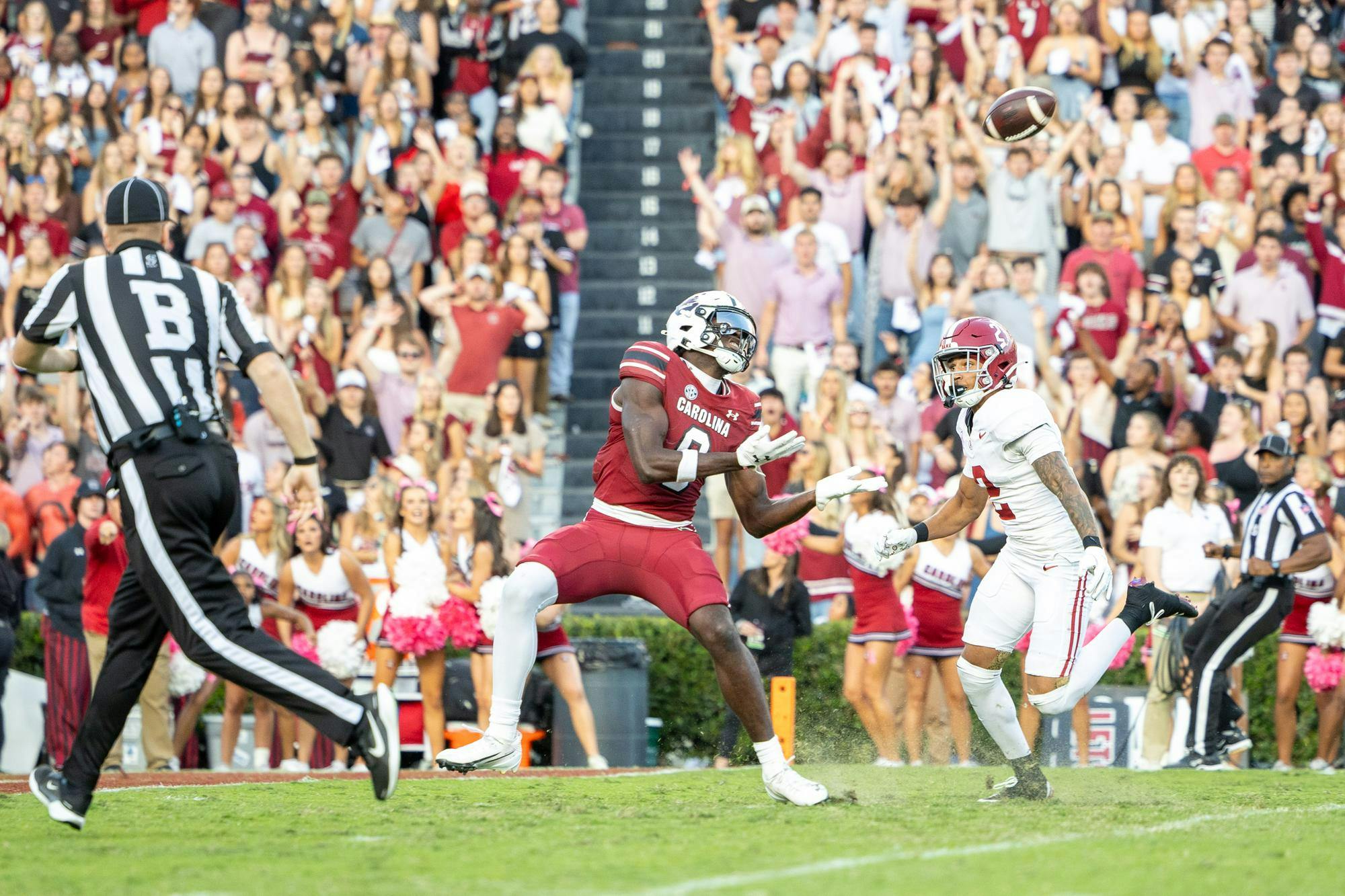 Junior wide receiver Nyck Harbor catches a 54-yard throw from redshirt sophomore quarterback LaNorris Sellers during a game against Alabama on Oct. 25, 2025, at Williams-Brice Stadium. The Gamecocks scored two touchdowns and three field goals against the Crimson Tide.