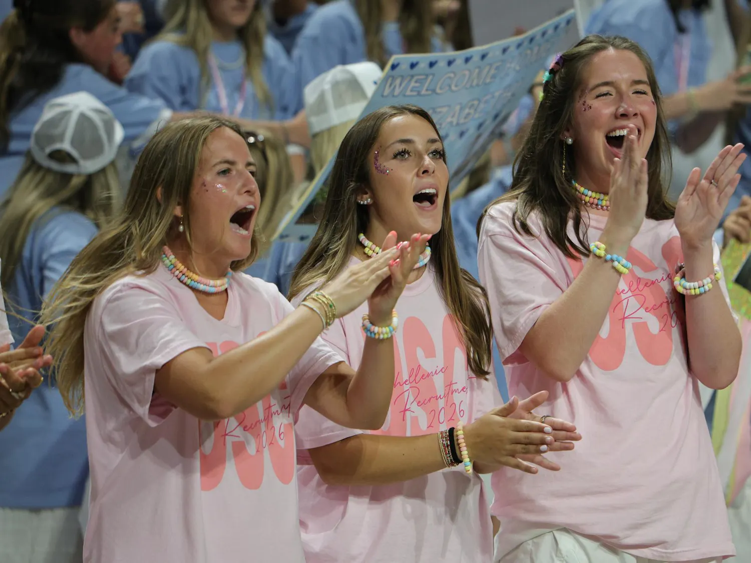 Pi Chi recruitment counselors cheer for potential new members during Bid Day on Aug. 16, 2026, at Colonial Life Arena. The counselors helped guide PNMs through the recruitment process before they gathered with their new sororities.