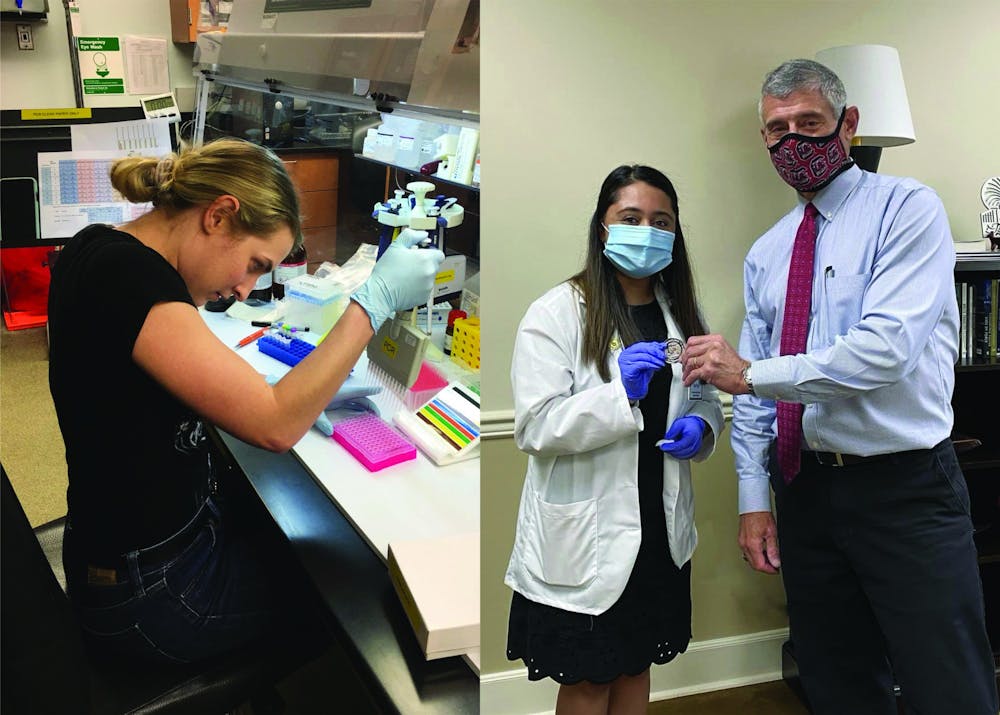 Vanessa Poirer (left) works to develop the SAFE saliva test in the USC SAFE lab. Hirali Patel (right) holds a presidential coin of excellence with President Bob Caslen. 
