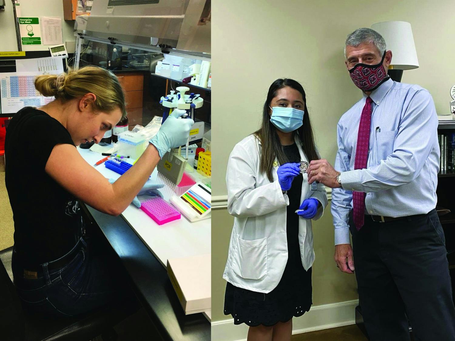 Vanessa Poirer (left) works to develop the SAFE saliva test in the USC SAFE lab. Hirali Patel (right) holds a presidential coin of excellence with President Bob Caslen.