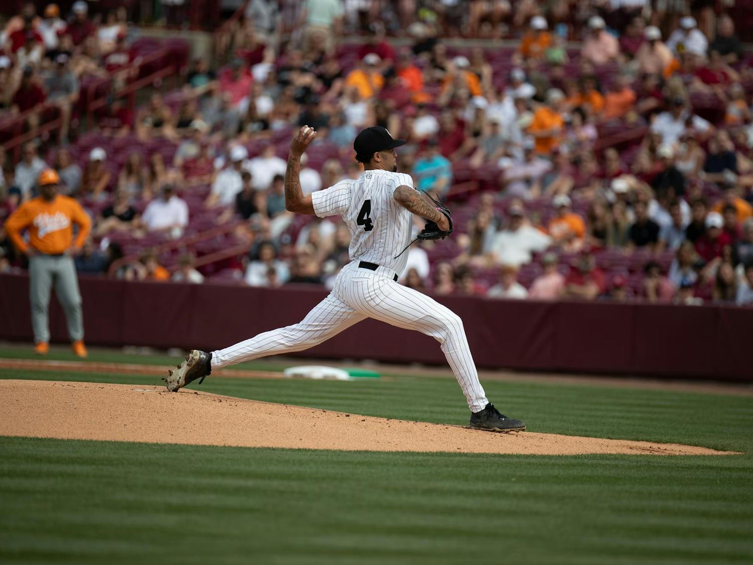 Junior left-handed pitcher Jarvis Evans Jr. throws a pitch to a Tennessee batter on March 29, 2025. Evans pitched six innings and recorded five strikeouts.
