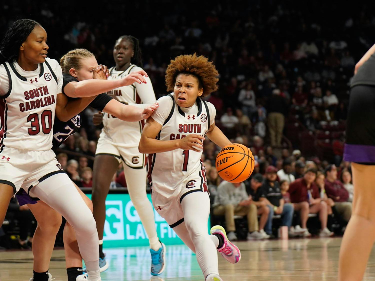 Sophomore guard Maddy McDaniel forces her way into the paint against a GCU defender at Colonial Life Arena on Nov. 3, 2025. The Gamecocks defeated the Antelopes 94-54, winning their first game of the season.