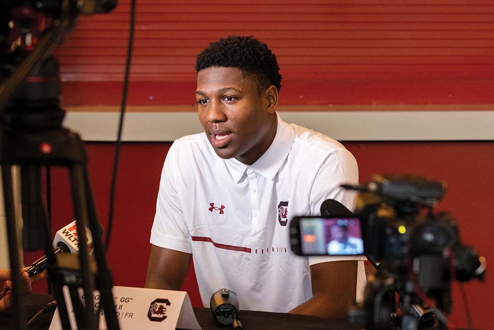 <p>The Gamecocks men’s basketball team hosted a local media day on Oct. 12, 2022. Freshman forward Gregory “GG” Jackson II answers questions from members of the media.&nbsp;</p>