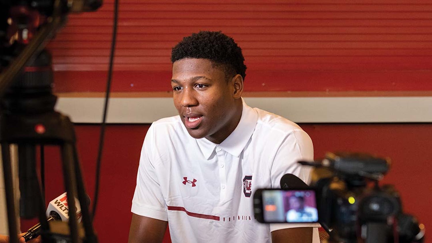 The Gamecocks men’s basketball team hosted a local media day on Oct. 12, 2022. Freshman forward Gregory “GG” Jackson II answers questions from members of the media.&nbsp;