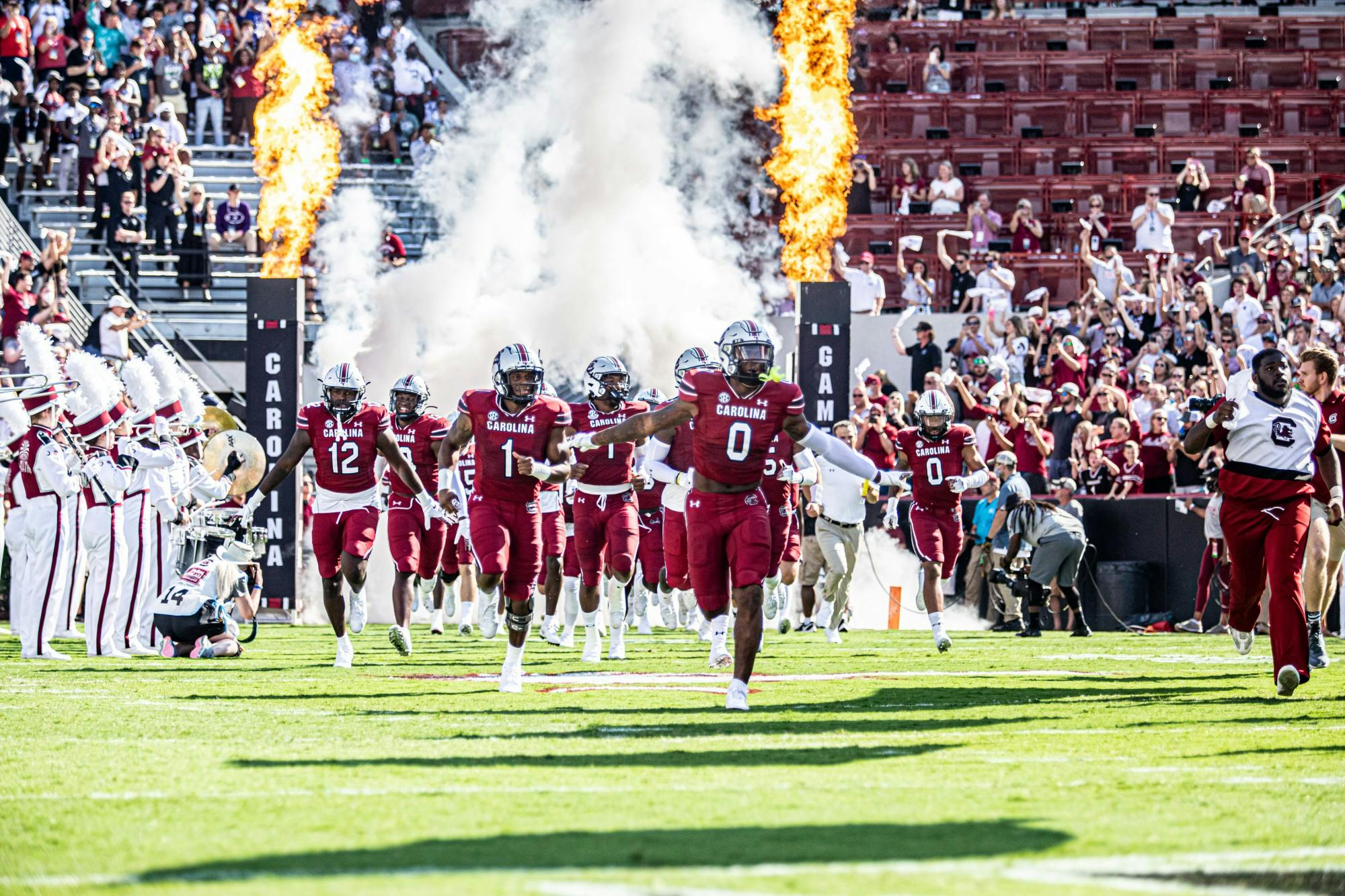 South Carolina football rushes the field for kickoff at the Troy football game Oct. 2, 2021.&nbsp;