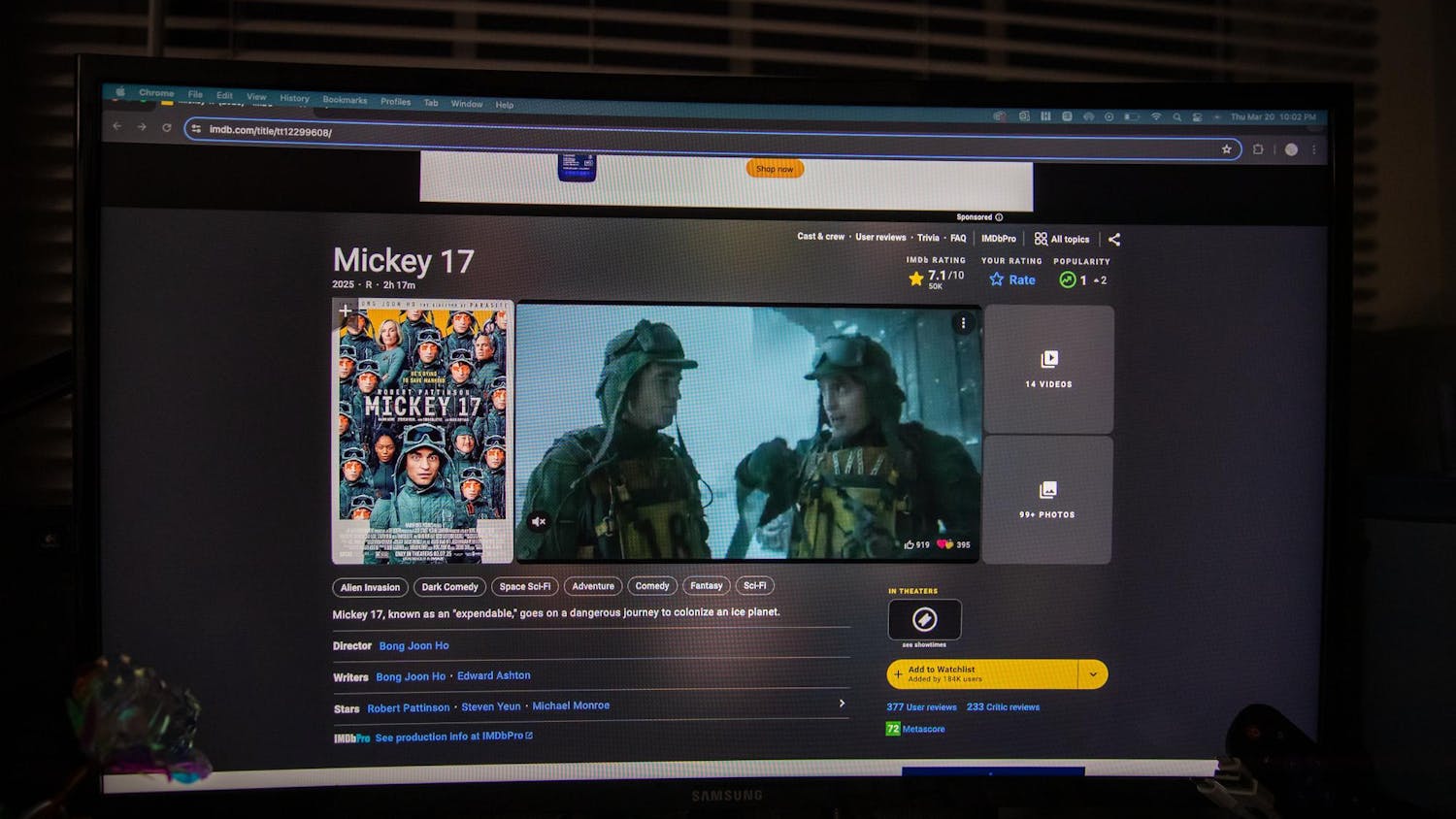 A photo illustration of "Mickey 17" on a computer screen on March 20, 2025. "Mickey 17" was released on March 7, 2025.