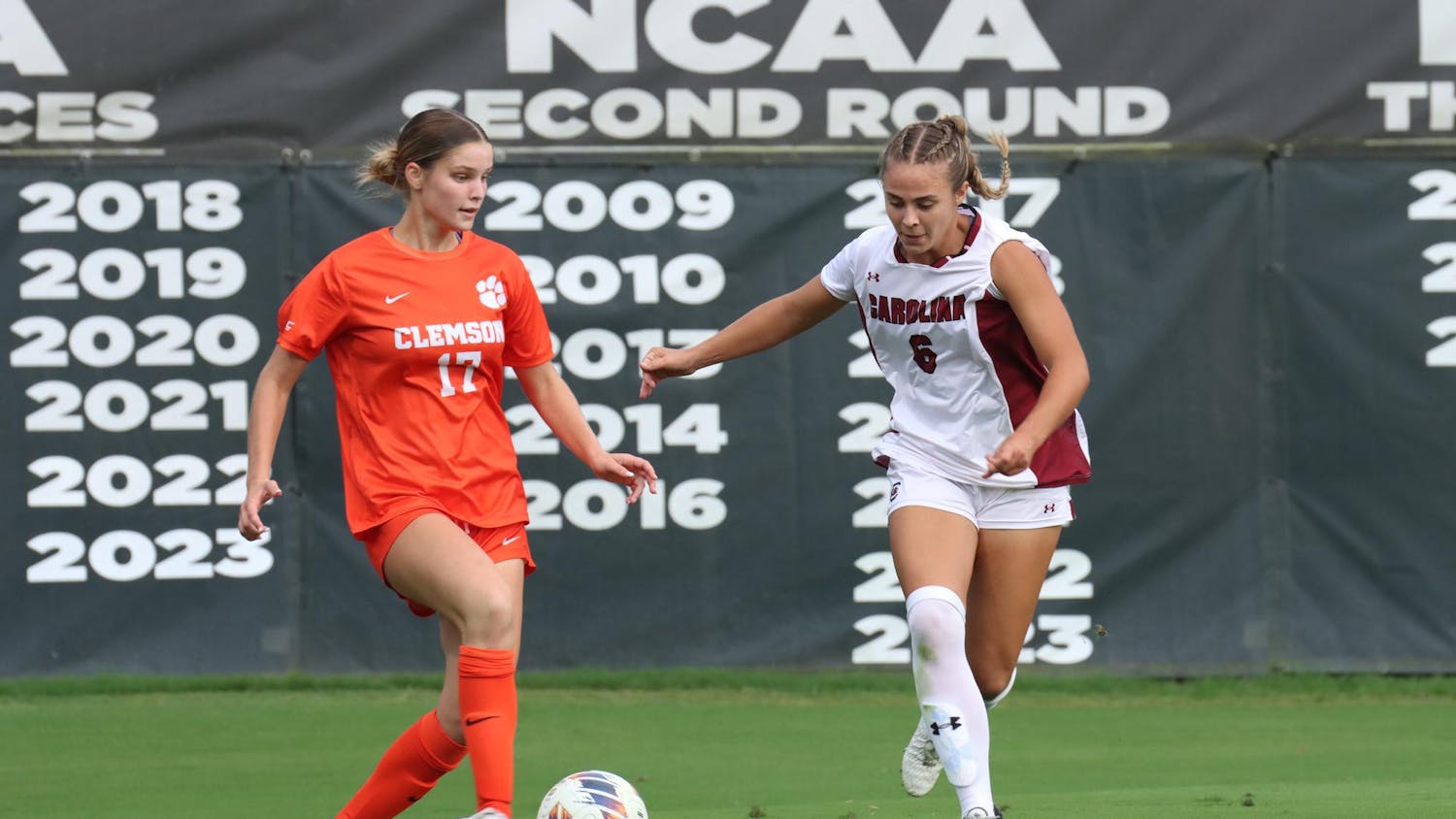 FILE — Sophomore defender Amanda Patrick fights for the ball against a Clemson player on Sept. 5, 2024, at Stone Stadium. The Gamecocks have a 2-point lead over the Tigers in the 2024-2025 Palmetto Series.