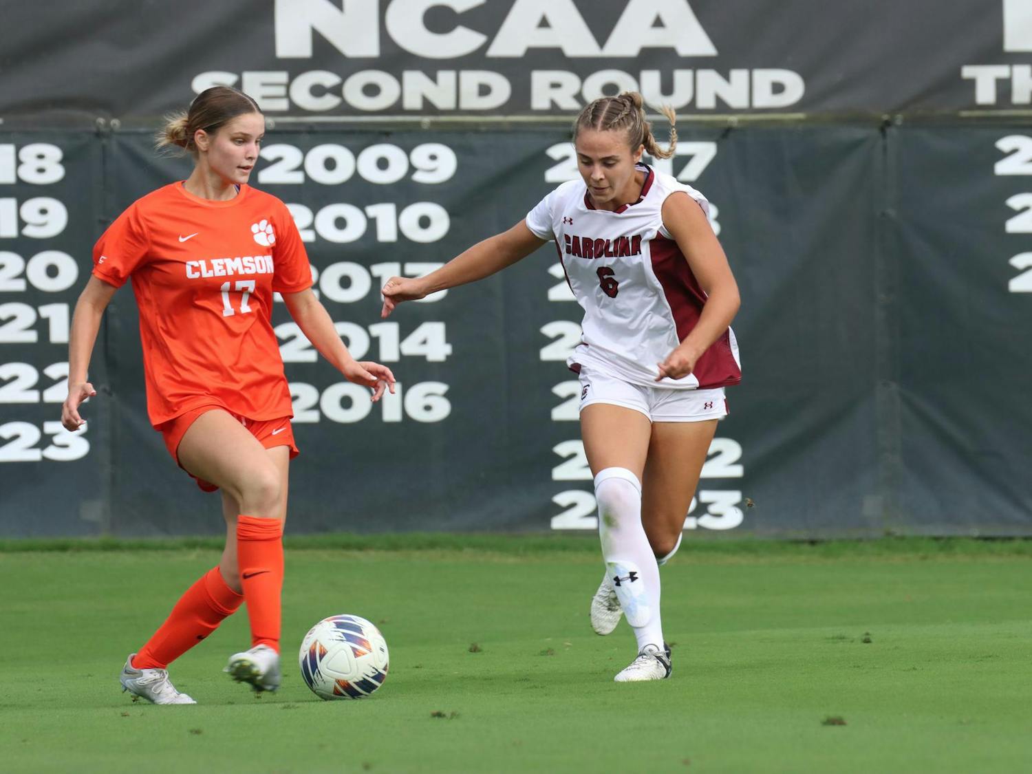 FILE — Sophomore defender Amanda Patrick fights for the ball against a Clemson player on Sept. 5, 2024, at Stone Stadium. The Gamecocks have a 2-point lead over the Tigers in the 2024-2025 Palmetto Series.
