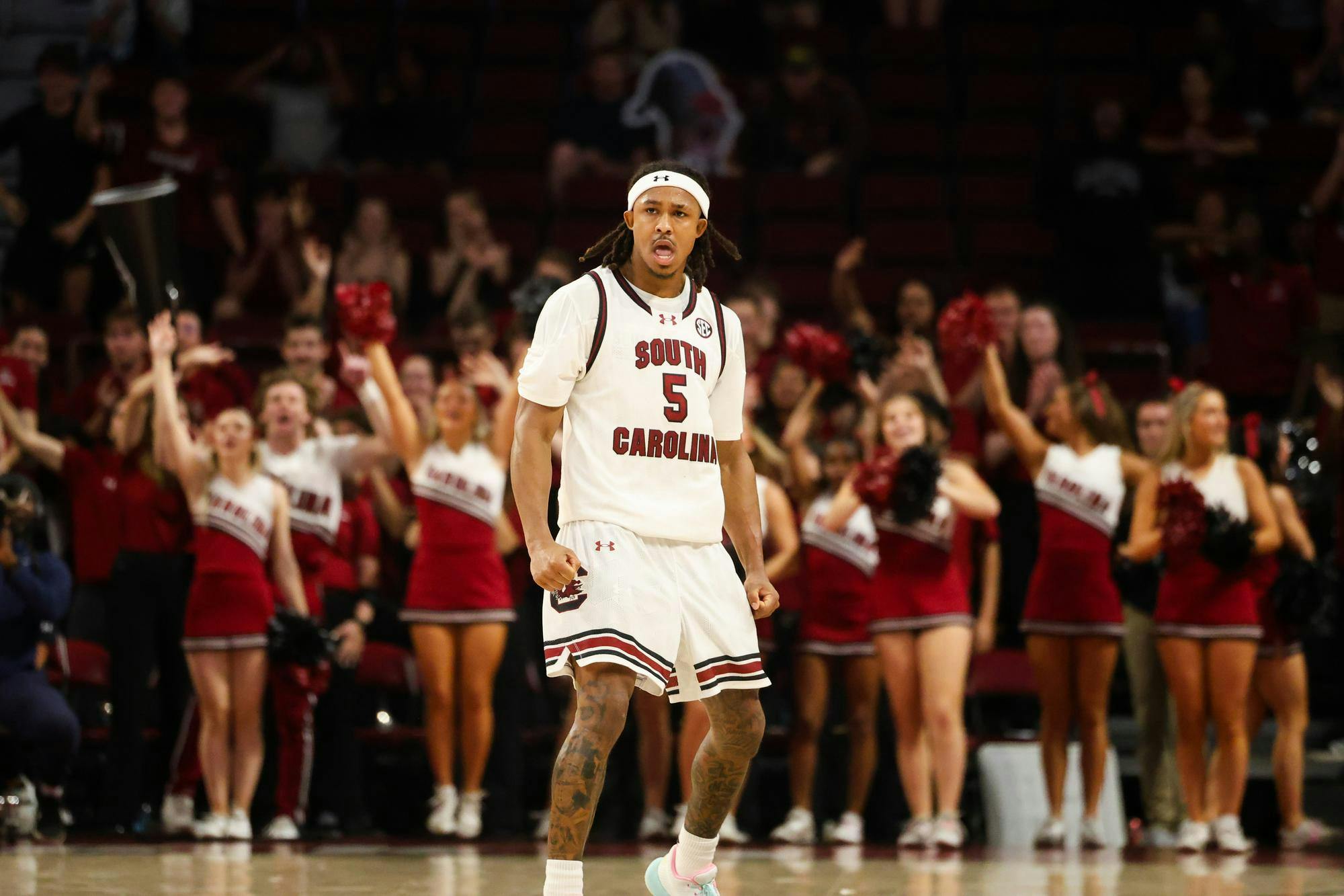 Redshirt senior guard Meechie Johnson celebrates after tying the score in the Gamecocks' overtime win against Southern Miss on Sunday. Johnson had 33 points in the game, including seven 3-pointers.