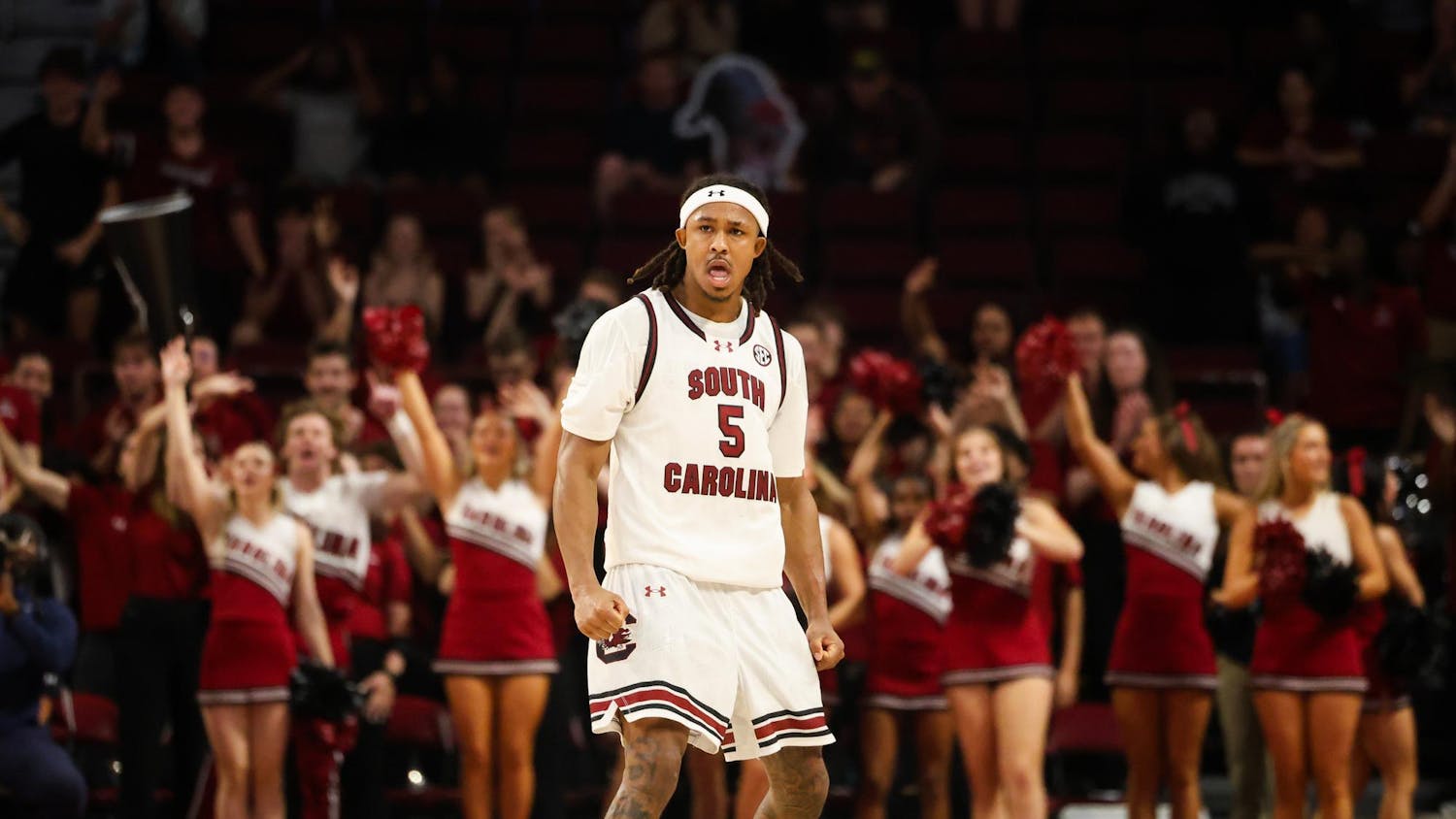 Redshirt senior guard Meechie Johnson celebrates after tying the score in the Gamecocks' overtime win against Southern Miss on Sunday. Johnson had 33 points in the game, including seven 3-pointers.