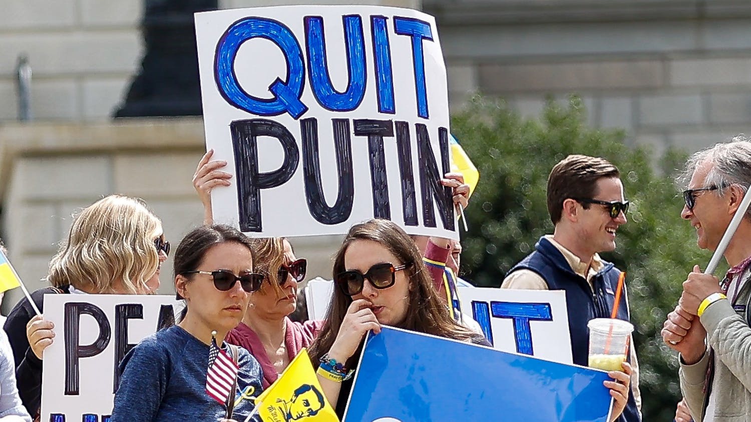 A protestor holds a sign during the Stand with Ukraine Rally and March at the South Carolina Statehouse on April 2, 2022. The rally was held as a response to Russia's invasion of Ukraine.