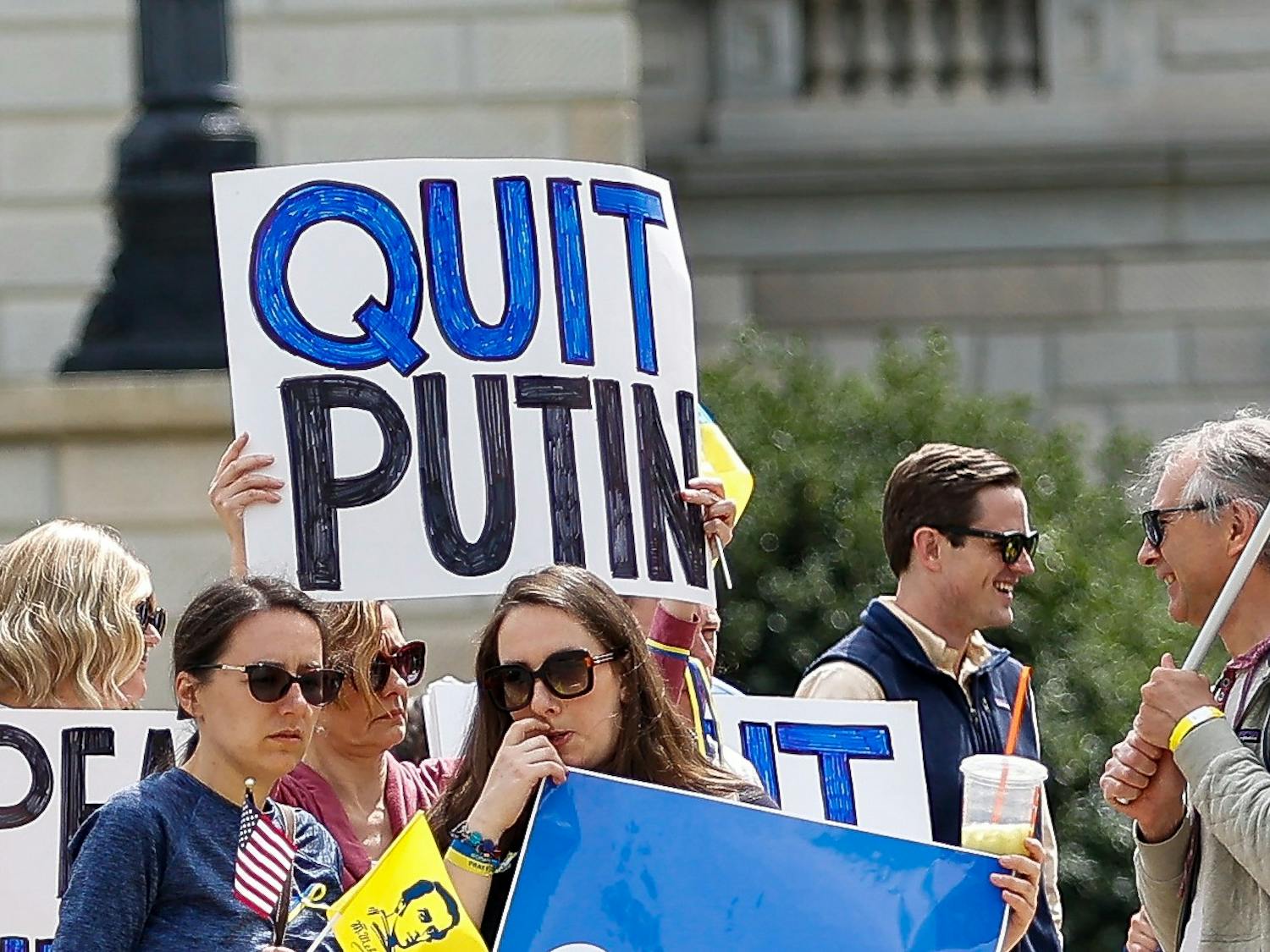 A protestor holds a sign during the Stand with Ukraine Rally and March at the South Carolina Statehouse on April 2, 2022. The rally was held as a response to Russia's invasion of Ukraine.