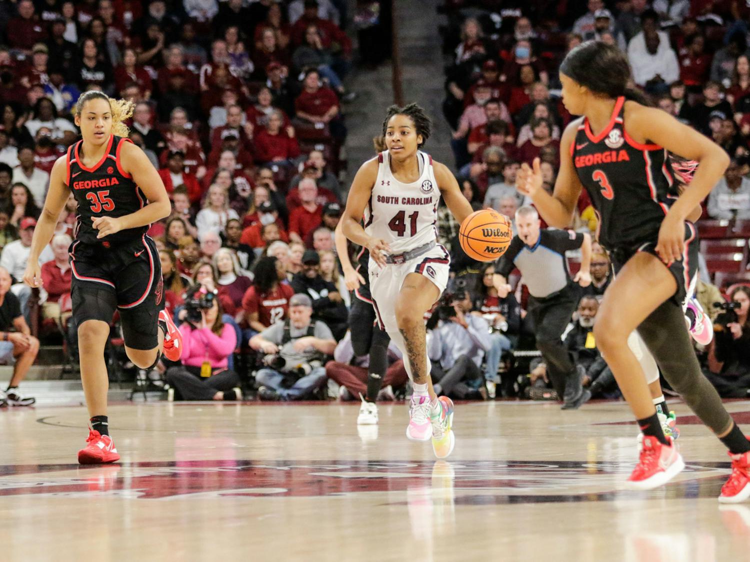 Graduate student guard Kierra Fletcher dribbles the ball during South Carolina’s game against Georgia at Colonial Life Arena on Feb. 26, 2023. The Gamecocks beat the Bulldogs 73-63.