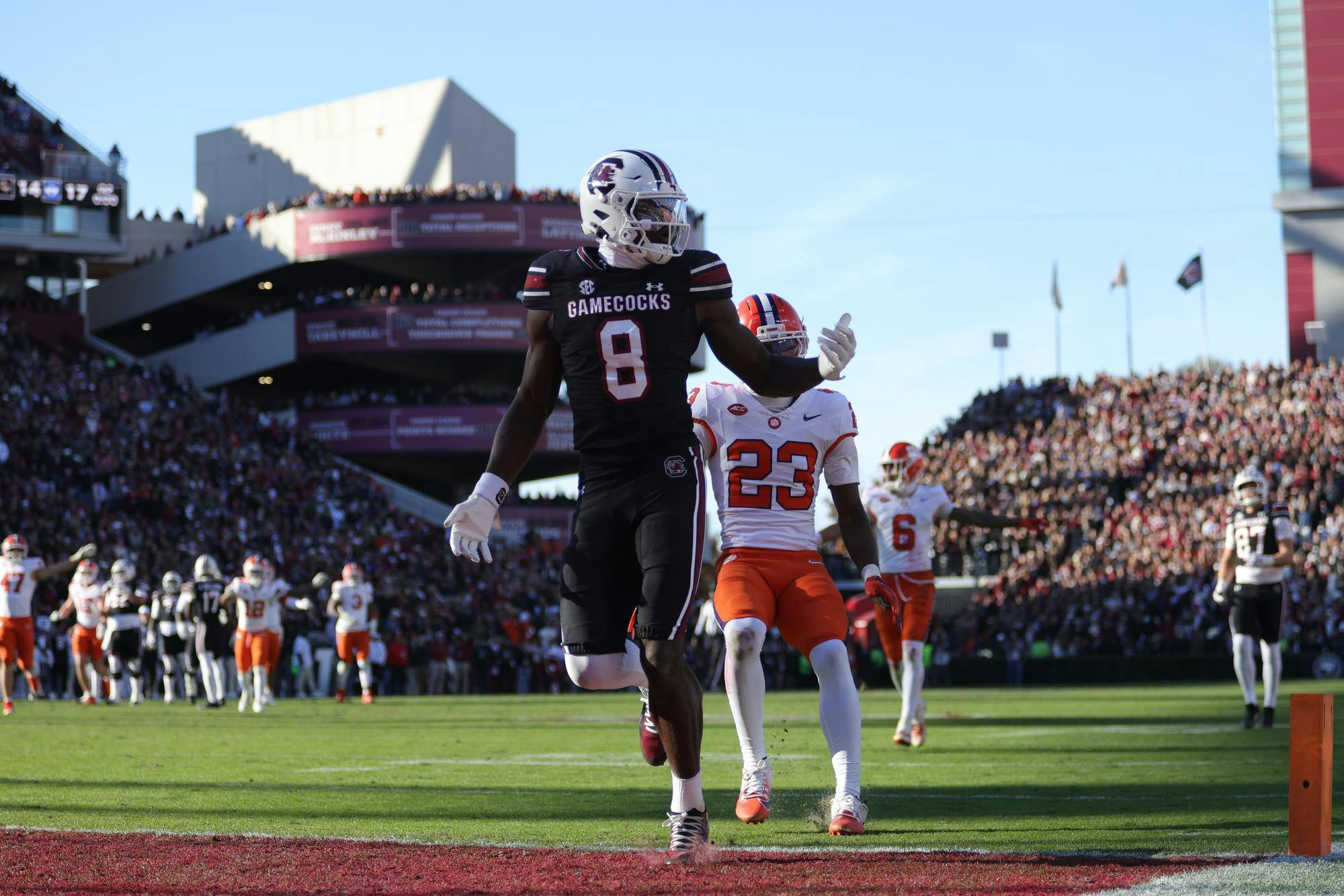 FILE - Junior wide receiver Nyck Harbor turns upfield after making a catch during South Carolina's game against Clemson on Nov. 29, 2025, at Williams-Brice Stadium. Harbor will be returning for the 2026 football season.