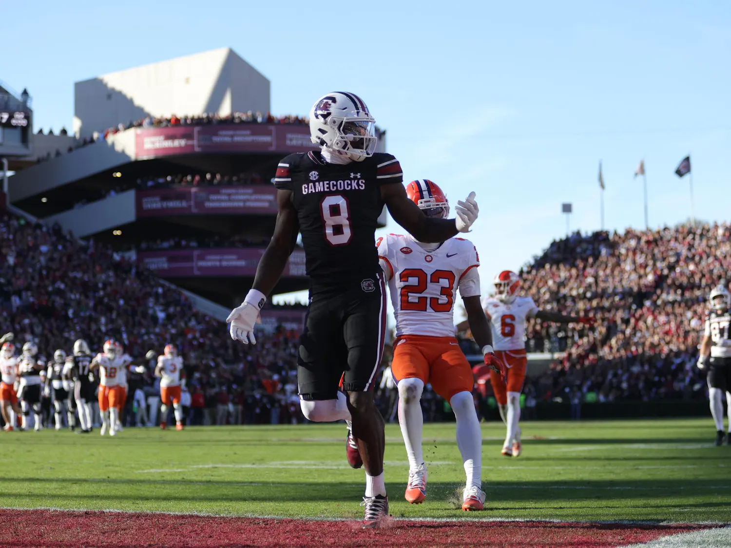 FILE - Junior wide receiver Nyck Harbor turns upfield after making a catch during South Carolina's game against Clemson on Nov. 29, 2025, at Williams-Brice Stadium. Harbor will be returning for the 2026 football season.