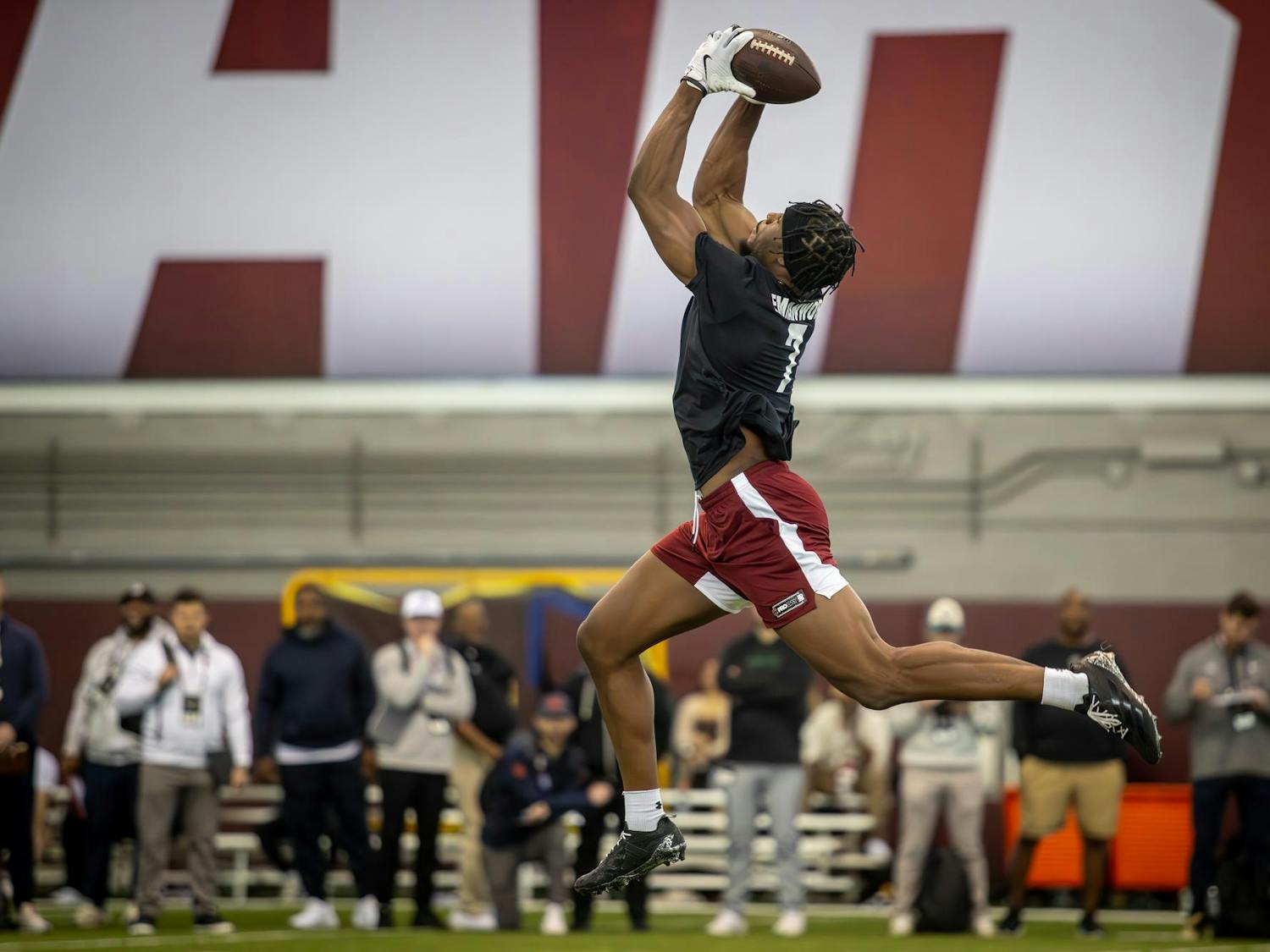Junior defensive back Nick Emmanwori catches the ball mid-air in a workout for the NFL coaches at the Gamecock NFL Pro Day on March 18, 2025. Emmanwori had many achievements from the 2024 season, including 2024 First-Team All-American, 2024 First-Team All-SEC, 2024 Safety of the Year, 2024 SEC Player of the Year and 2024 SEC Defensive Player of the Year.