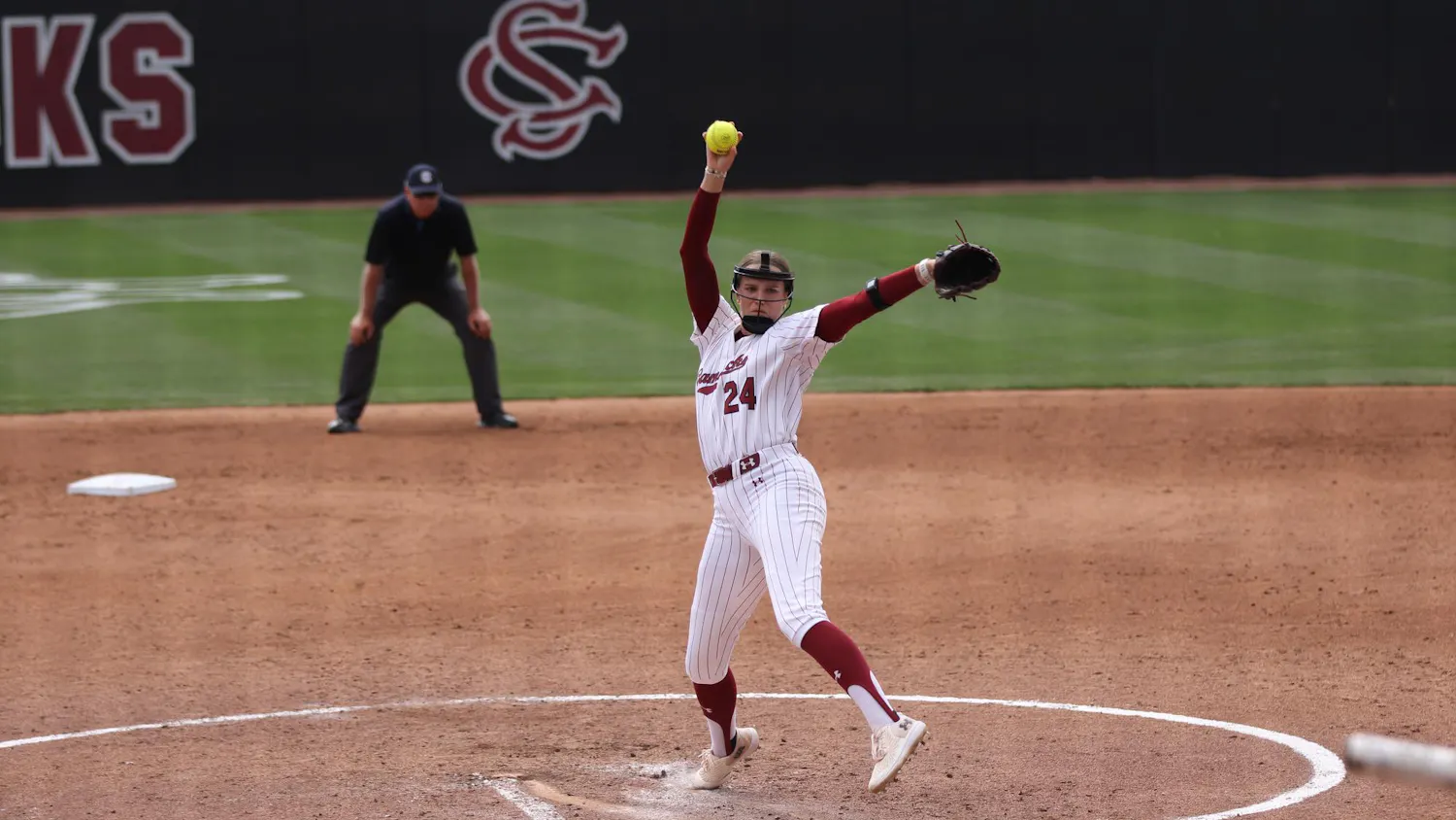 FILE — Junior pitcher Nealy Lamb pitches in-game against Texas on March 8, 2026, at Beckham Field. The Gamecocks run-ruled the Georgia Southern Eagles 13-3.