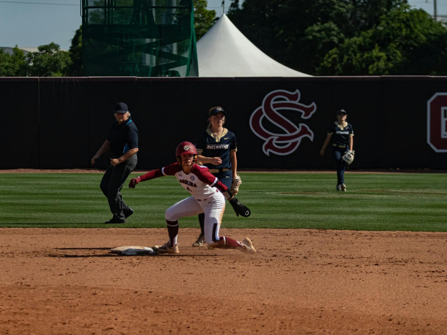 Sophomore infielder Brooke Blankenship slides into second and looks to advance to third during the first game against Charleston Southern at Beckham Field on April 19, 2023. The Gamecocks beat the Buccaneers 5-0. &nbsp;