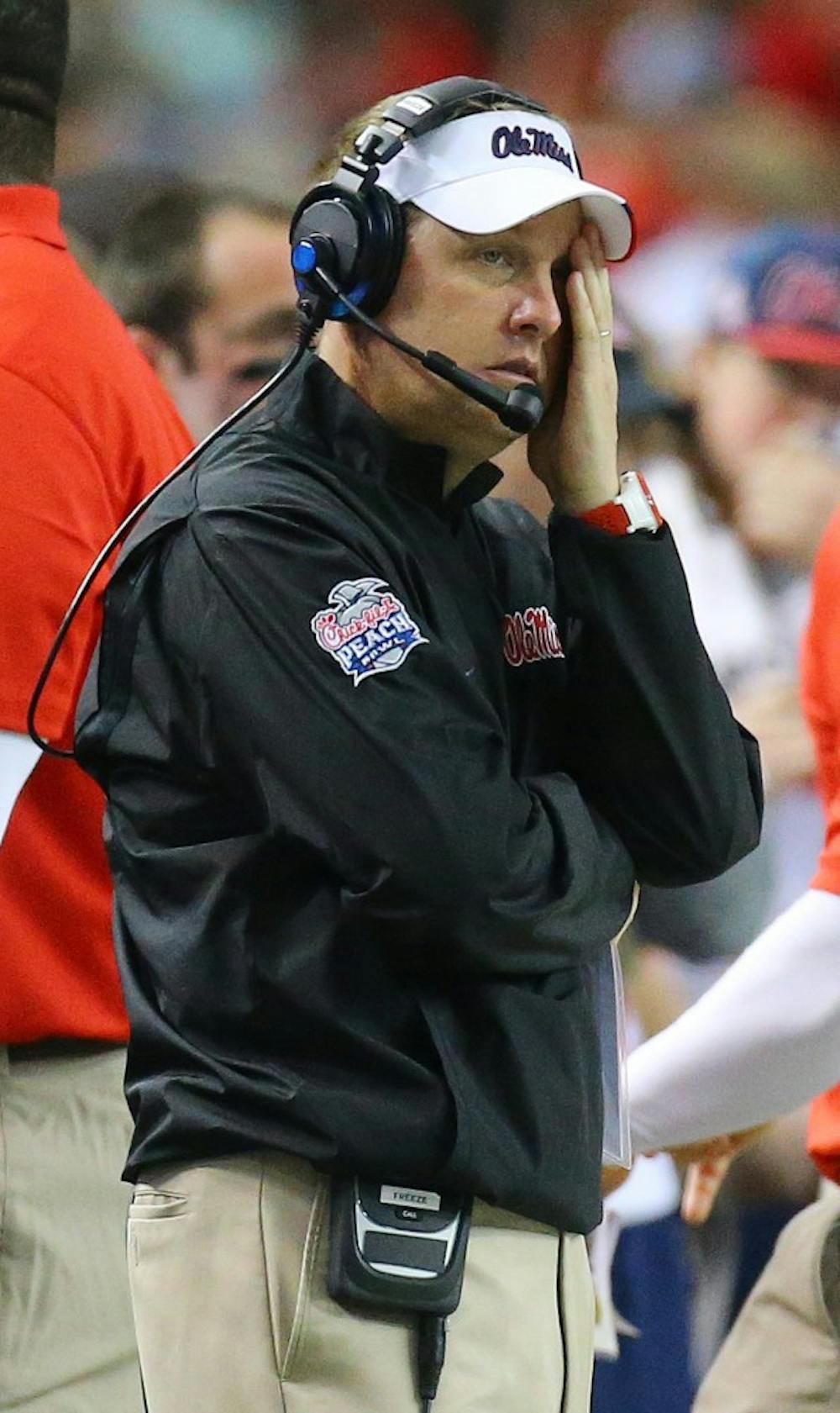 Ole Miss head coach Hugh Freeze looks on during the fourth quarter in a 42-3 loss to TCU in the Chick-fil-A Peach Bowl on Wednesday, Dec. 31, 2014, at Georgia Dome in Atlanta. (Curtis Compton/Atlanta Journal-Constitution/TNS)