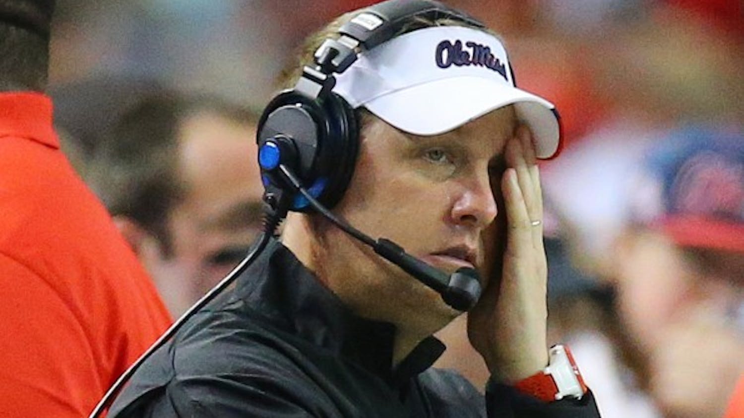 Ole Miss head coach Hugh Freeze looks on during the fourth quarter in a 42-3 loss to TCU in the Chick-fil-A Peach Bowl on Wednesday, Dec. 31, 2014, at Georgia Dome in Atlanta. (Curtis Compton/Atlanta Journal-Constitution/TNS)