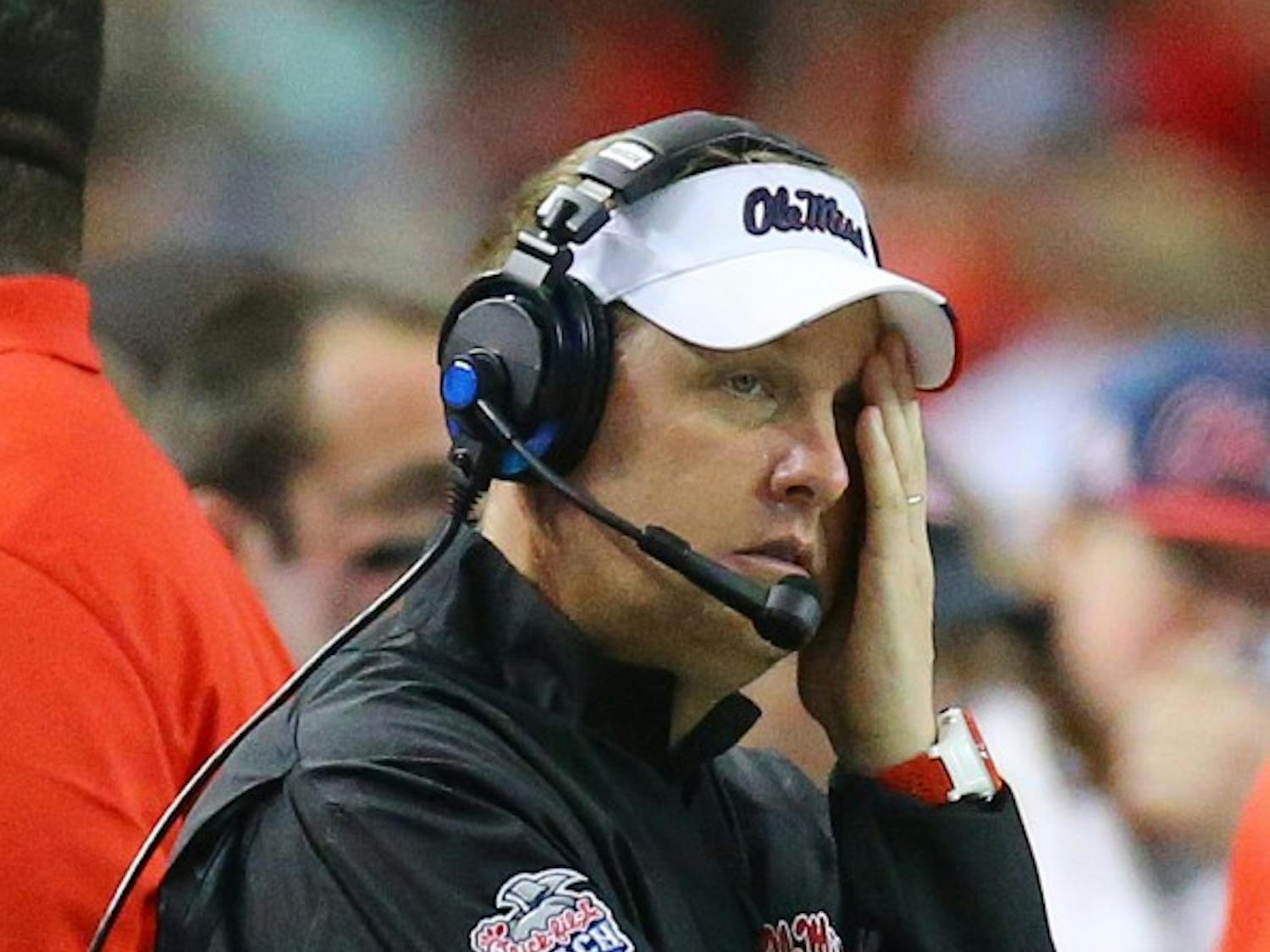 Ole Miss head coach Hugh Freeze looks on during the fourth quarter in a 42-3 loss to TCU in the Chick-fil-A Peach Bowl on Wednesday, Dec. 31, 2014, at Georgia Dome in Atlanta. (Curtis Compton/Atlanta Journal-Constitution/TNS)