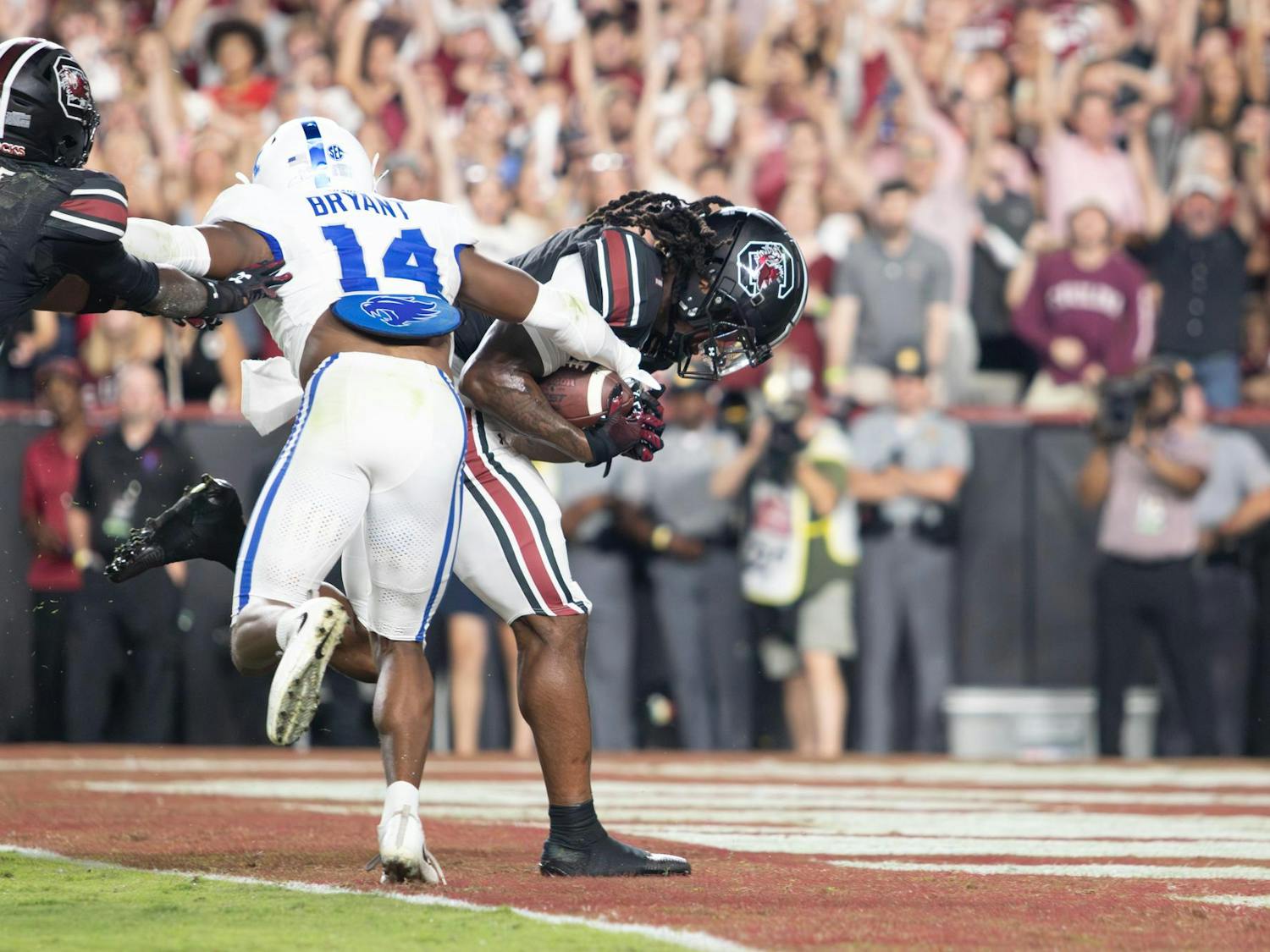 Graduate running back Oscar Adaway III runs the football in for a touchdown against the University of Kentucky at Williams-Brice Stadium on Sept. 27, 2025. The Gamecocks finished with a total of three rushing touchdowns against the Wildcats.