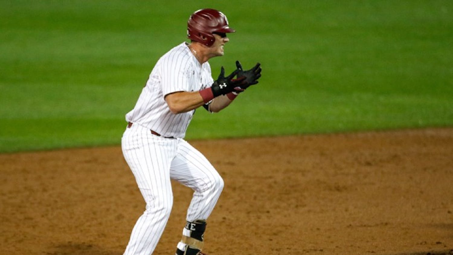 Junior catcher Wes Clarke celebrates after a hit in Saturday's game against Missouri. The Gamecocks won the weekend series against the Tigers.