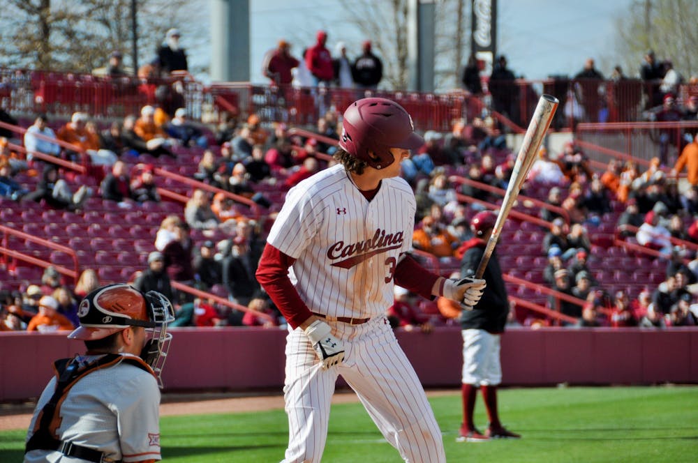 <p>Junior infielder Braylen Wimmer prepares to bat against Texas on March 12, 2022, at Founders Park&nbsp;</p>