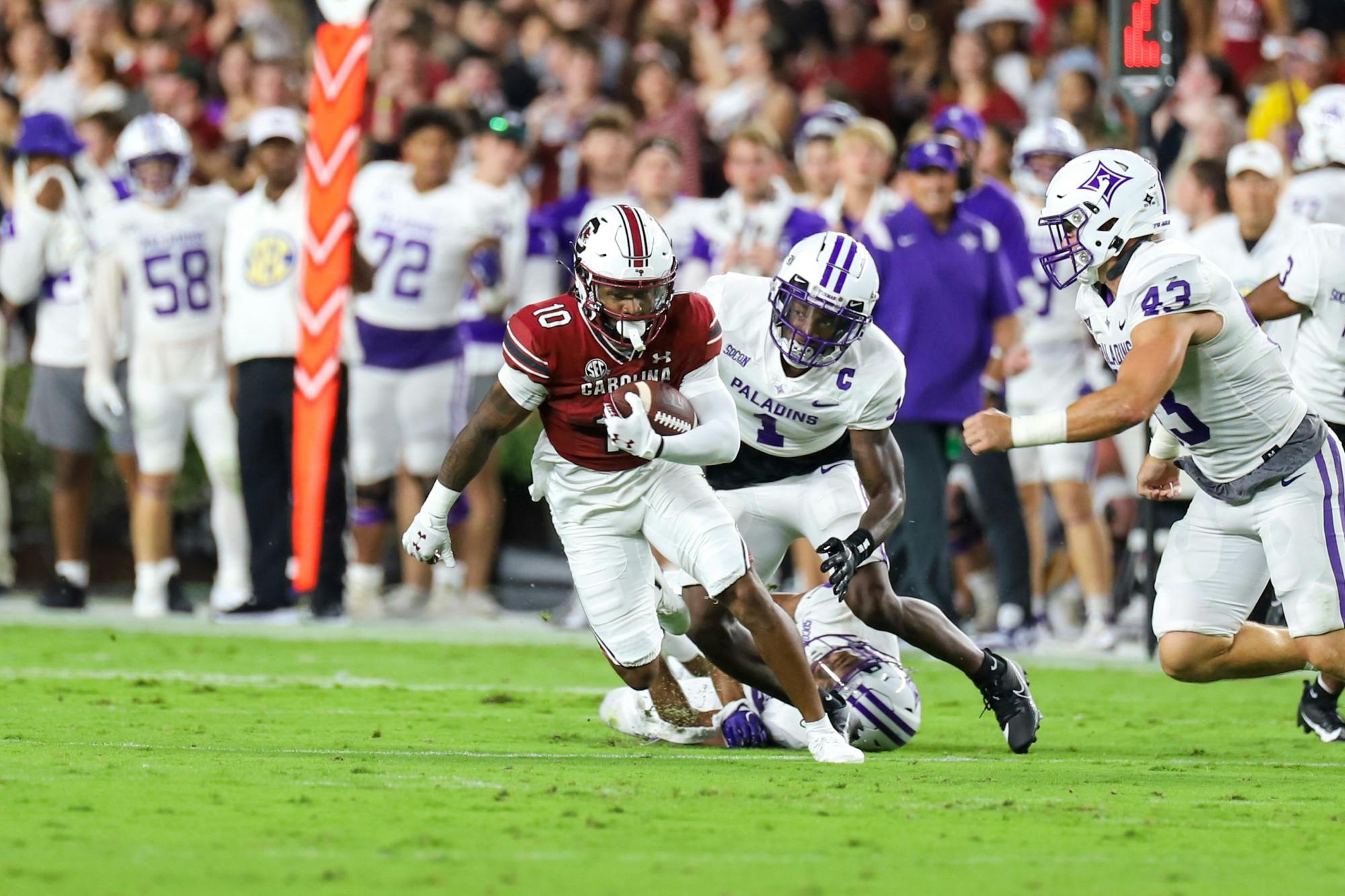 Fifth-year wide receiver Ahmarean Brown cuts through Furman's defense on Sept. 9, 2023. The Gamecocks went on to win 47-21, but Brown would leave later in the contest with an apparent injury.
