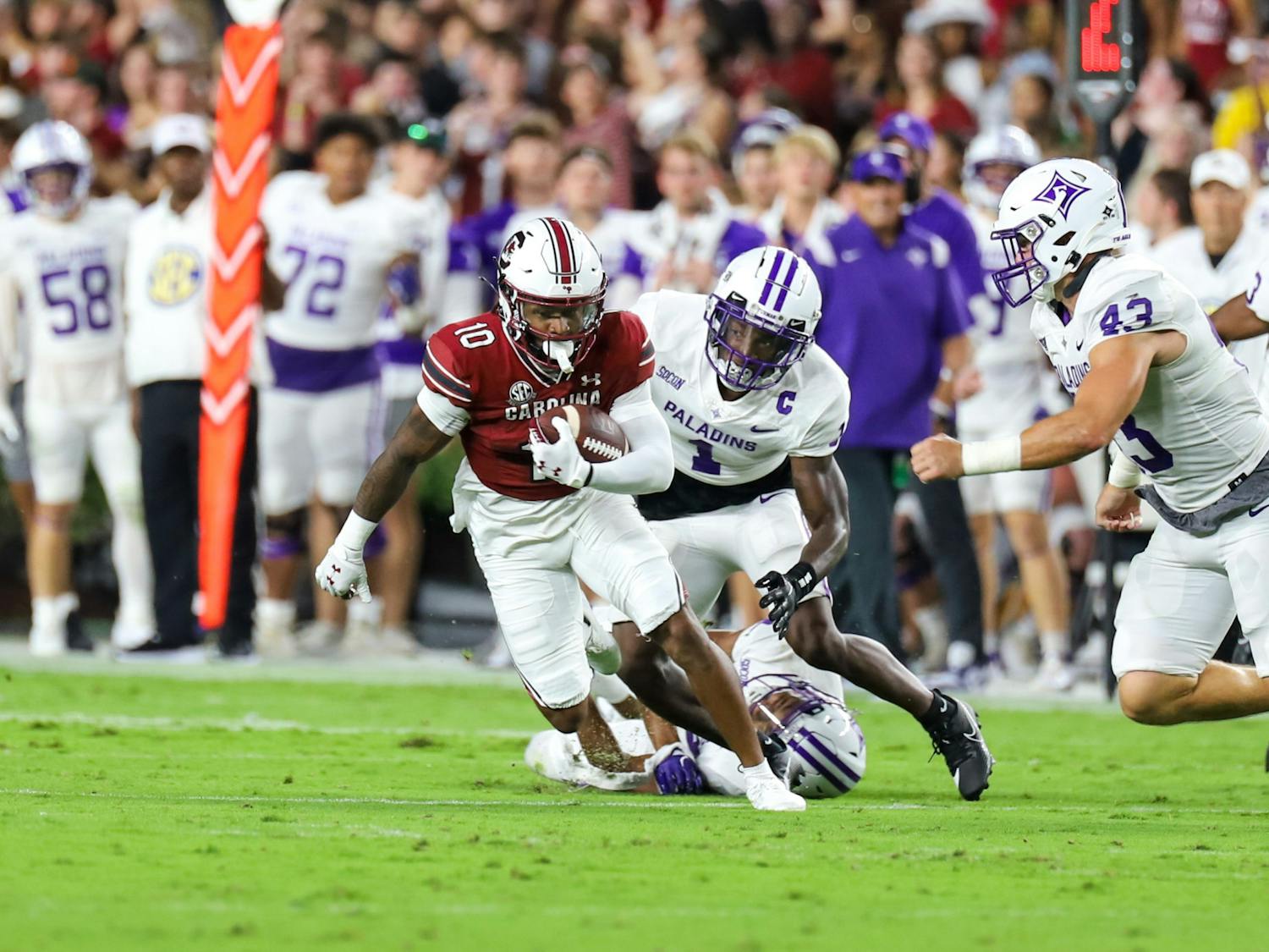 Fifth-year wide receiver Ahmarean Brown cuts through Furman's defense on Sept. 9, 2023. The Gamecocks went on to win 47-21, but Brown would leave later in the contest with an apparent injury.