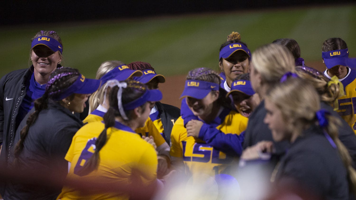 LSU celebrates after freshman catcher Maci Bergeron makes a double play against South Carolina's offense during the second match of the doubleheader at Beckham Field on March 13, 2023. The Tigers beat the Gamecocks 5-1.