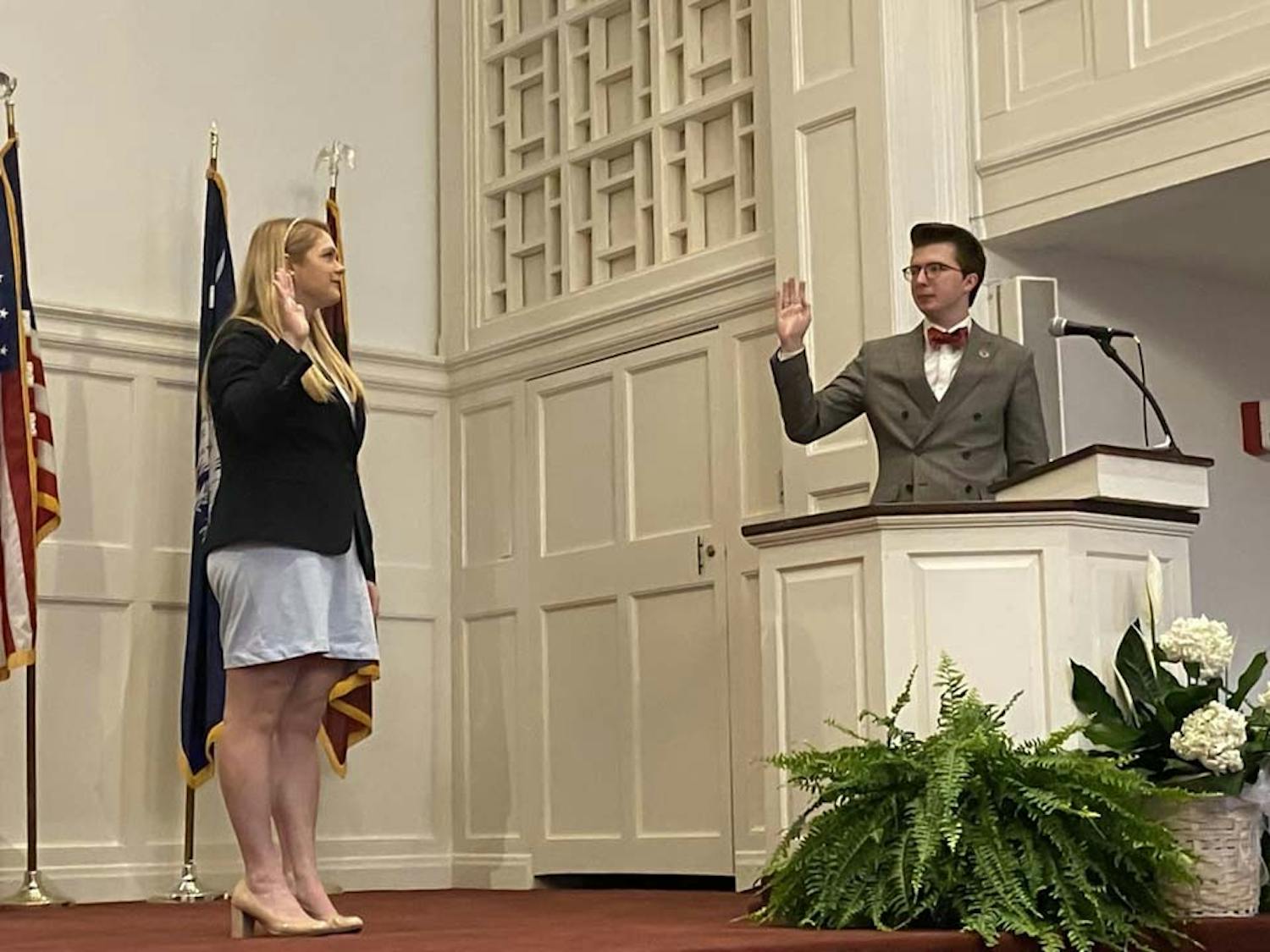 Student body president-elect Reedy Newton inaugurated by constitutional council chief justice Robert Cathcart on March 24, 2022.