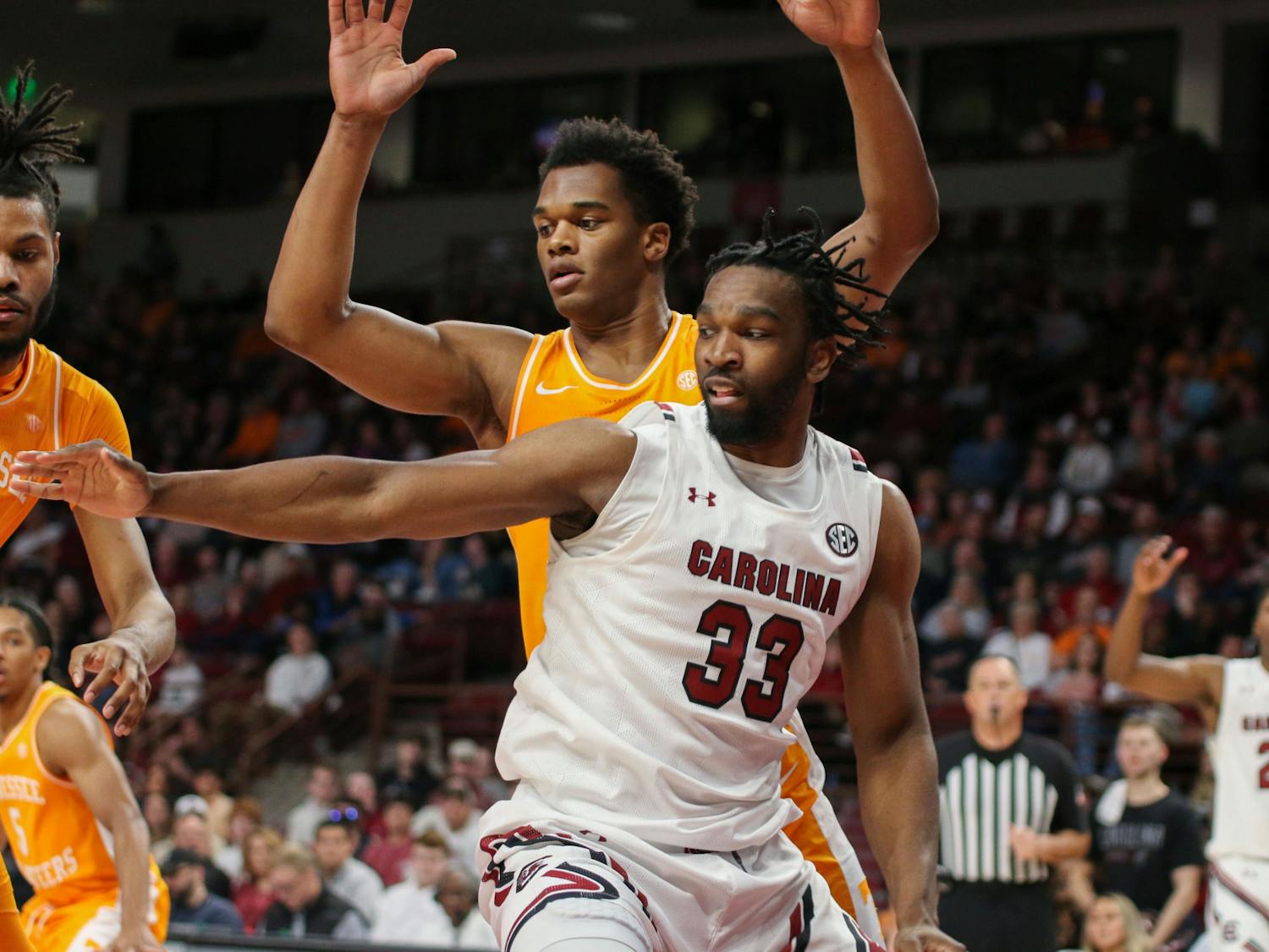 Junior forward Josh Gray battles in the post on Jan. 7, 2023. The Gamecocks lost to the Volunteers 85-42.