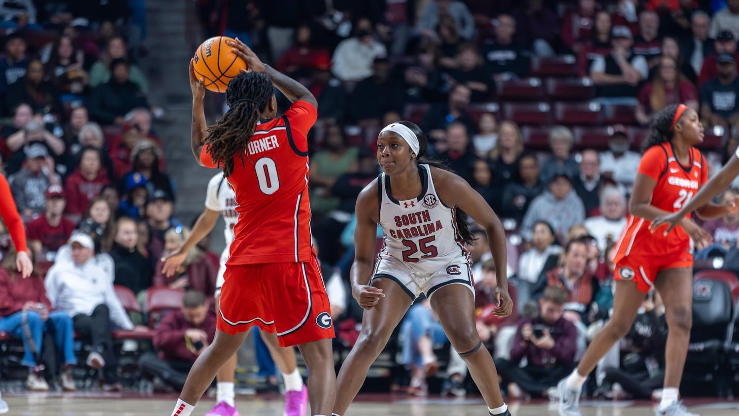 FILE — Senior guard Raven Johnson prepares to defend against a Georgia player during a game at Colonial Life Arena on Jan. 11, 2026. Johnson had eight rebounds in the Gamecocks' 65-43 victory over the Bulldogs.