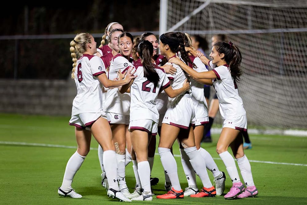 <p>The Gamecocks gather together to celebrate after their win against Wake Forest with the final score 2-0 at Stone Stadium on Nov. 12, 2022. The Gamecocks traveled to Durham, N.C. and beat Harvard in the second match of the NCAA Tournament on Nov. 18, 2022.</p>