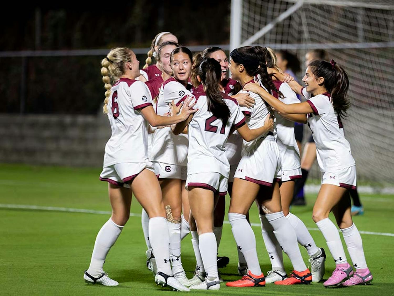The Gamecocks gather together to celebrate after their win against Wake Forest with the final score 2-0 at Stone Stadium on Nov. 12, 2022. The Gamecocks traveled to Durham, N.C. and beat Harvard in the second match of the NCAA Tournament on Nov. 18, 2022.