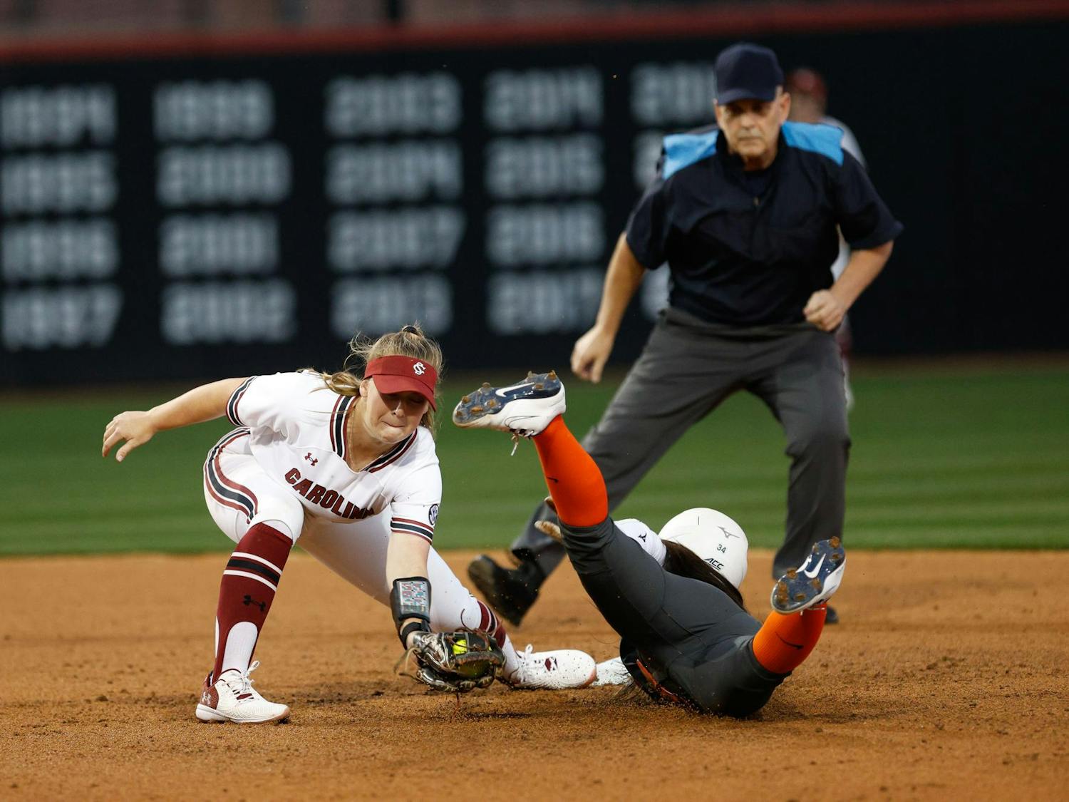 Sophomore infielder Karley Shelton catches the ball at second base during the game against Virginia on Feb. 6, 2025. The Gamecocks defeated the Cavaliers 7-6.