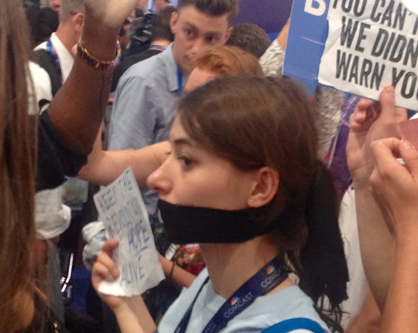 A Bernie Sanders delegate protests during the Democratic National Convention in Philadelphia on July 26, 2016.