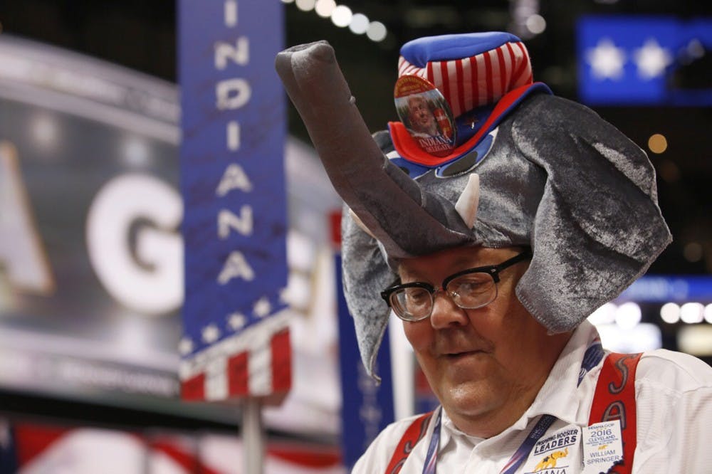 Indiana delegate William Springer sports a GOP elephant hat on the convention floor on the last day of the Republican National Convention on Thursday, July 21, 2016, at the Quicken Loans Arena in Cleveland. (Brian van der Brug/Los Angeles Times/TNS)