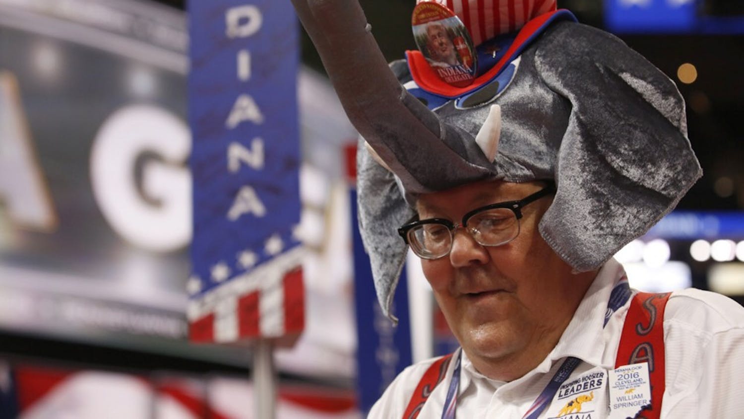 Indiana delegate William Springer sports a GOP elephant hat on the convention floor on the last day of the Republican National Convention on Thursday, July 21, 2016, at the Quicken Loans Arena in Cleveland. (Brian van der Brug/Los Angeles Times/TNS)