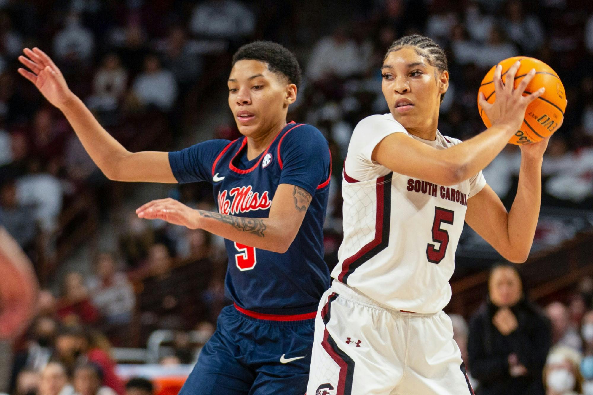 Senior forward Victaria Saxton works to maintain possession of the ball in a game against Ole Miss on January 27, 2022 at Colonial Life Arena. The Gamecocks beat the Rebels 69-40.