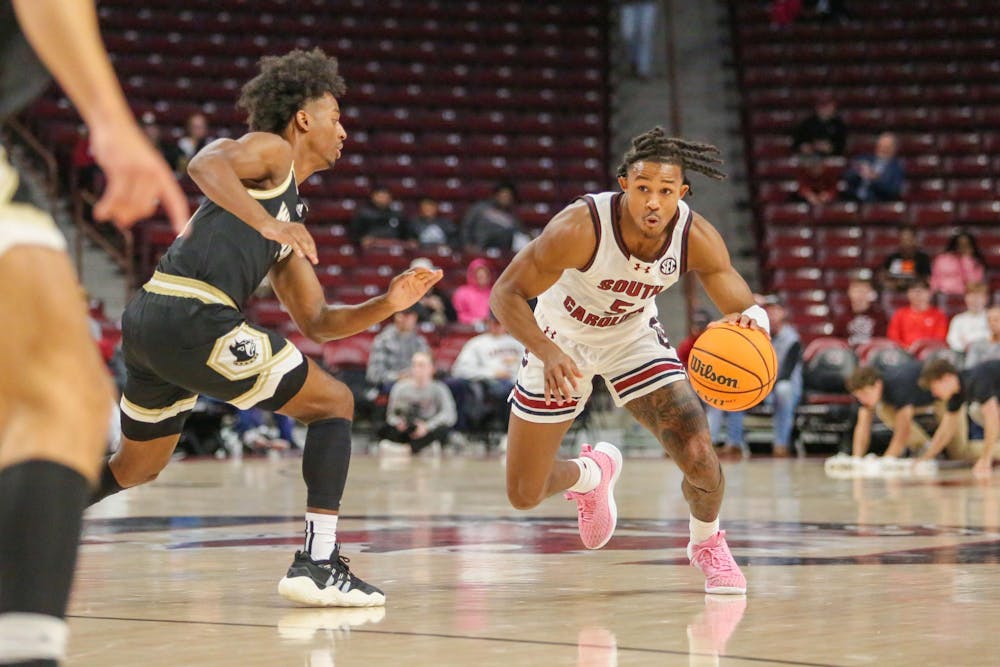 <p>FILE — Junior guard Meechie Johnson drives toward the basket during South Carolina’s exhibition game against Wofford at Colonial Life Arena on Nov. 1, 2023. The Gamecocks beat the Terriers 60-57.</p>