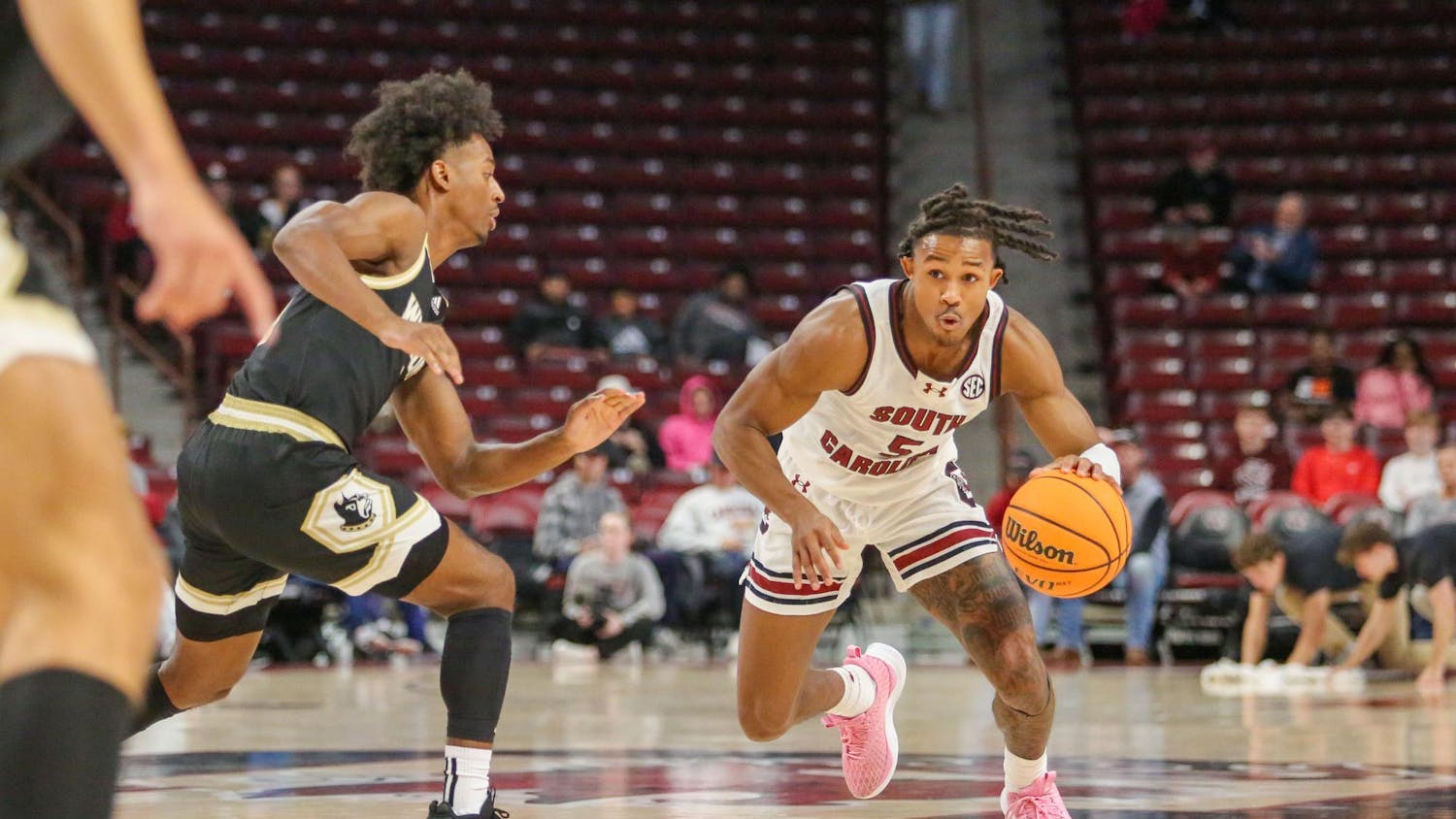 FILE — Junior guard Meechie Johnson drives toward the basket during South Carolina’s exhibition game against Wofford at Colonial Life Arena on Nov. 1, 2023. The Gamecocks beat the Terriers 60-57.