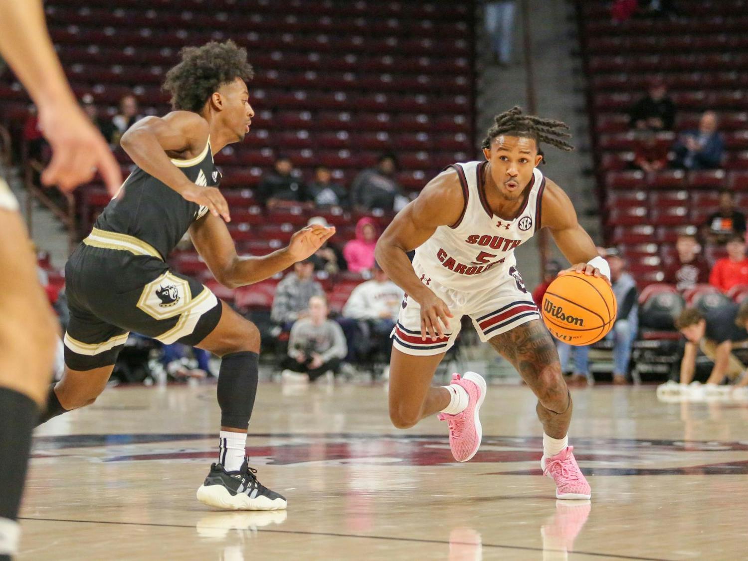 FILE — Junior guard Meechie Johnson drives toward the basket during South Carolina’s exhibition game against Wofford at Colonial Life Arena on Nov. 1, 2023. The Gamecocks beat the Terriers 60-57.