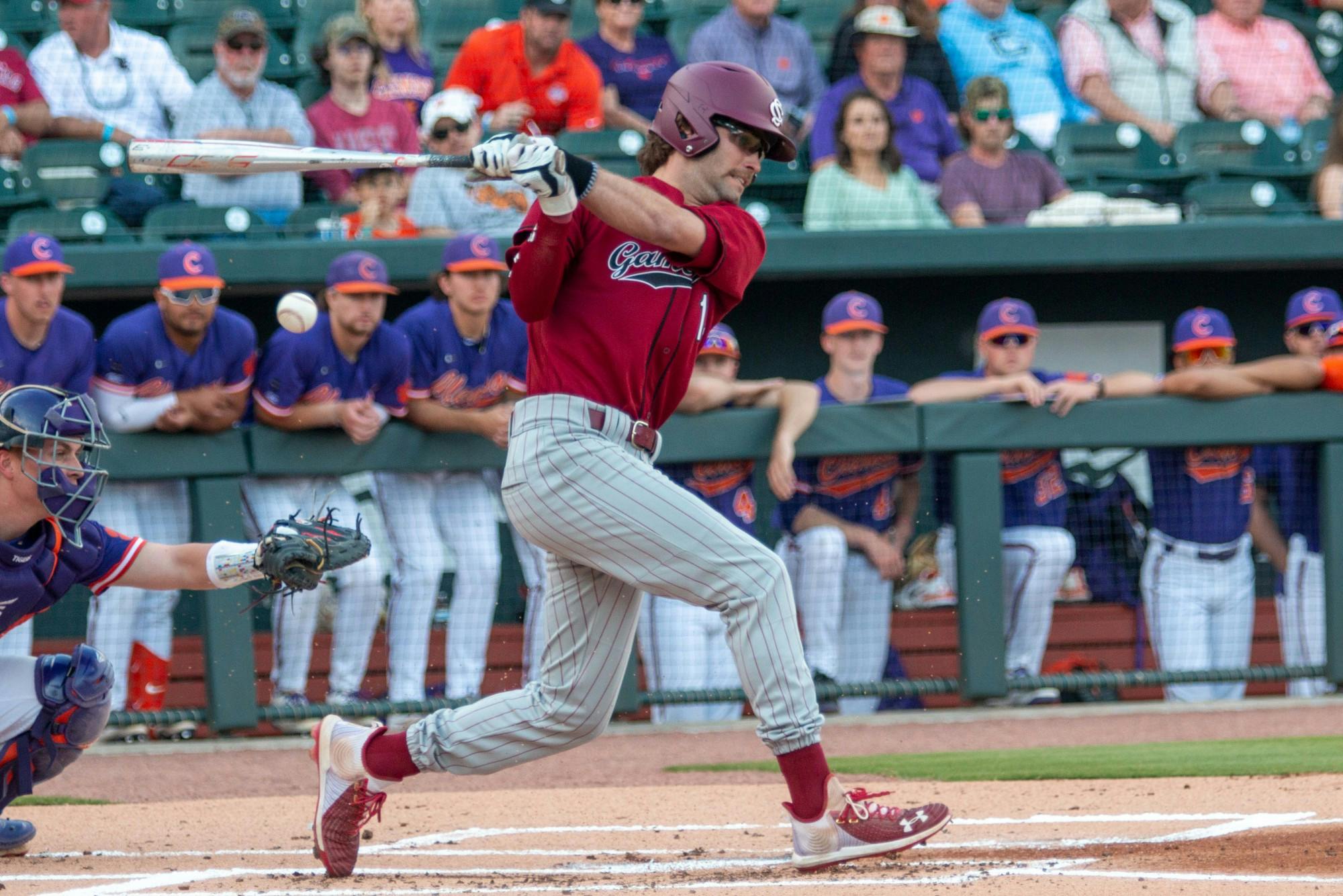 FILE—Fifth-year outfielder Brandt Belk swings for a single. The Gamecocks fell 10-2 in the second game of the series against Clemson on March 5, 2022, in Columbia, SC.