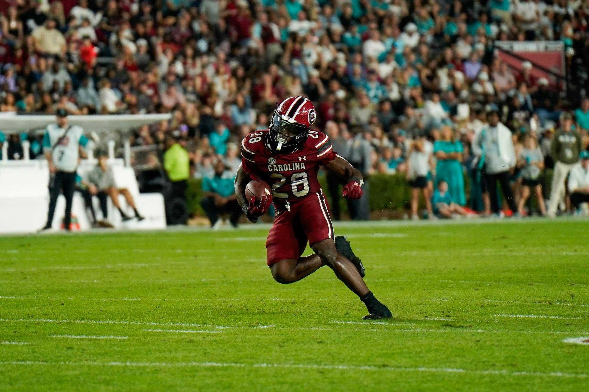 Redshirt freshman running back Matt Fuller runs the ball toward the end zone against Coastal Carolina at Williams-Brice Stadium on Nov. 22, 2025. The Gamecocks tallied 277 rushing yards against the Chanticleers.