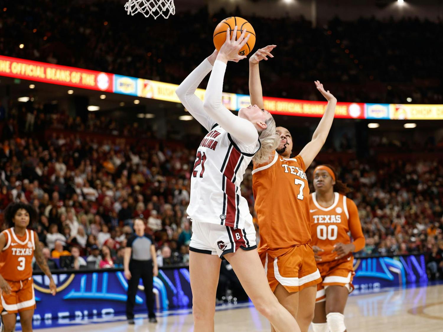 Junior forward Chloe Kitts shoots the ball during the championship game against Texas at the SEC Tournament in Greenville, South Carolina, on March 9, 2025. Kitts was named the MVP of the SEC Women's Basketball Tournament.