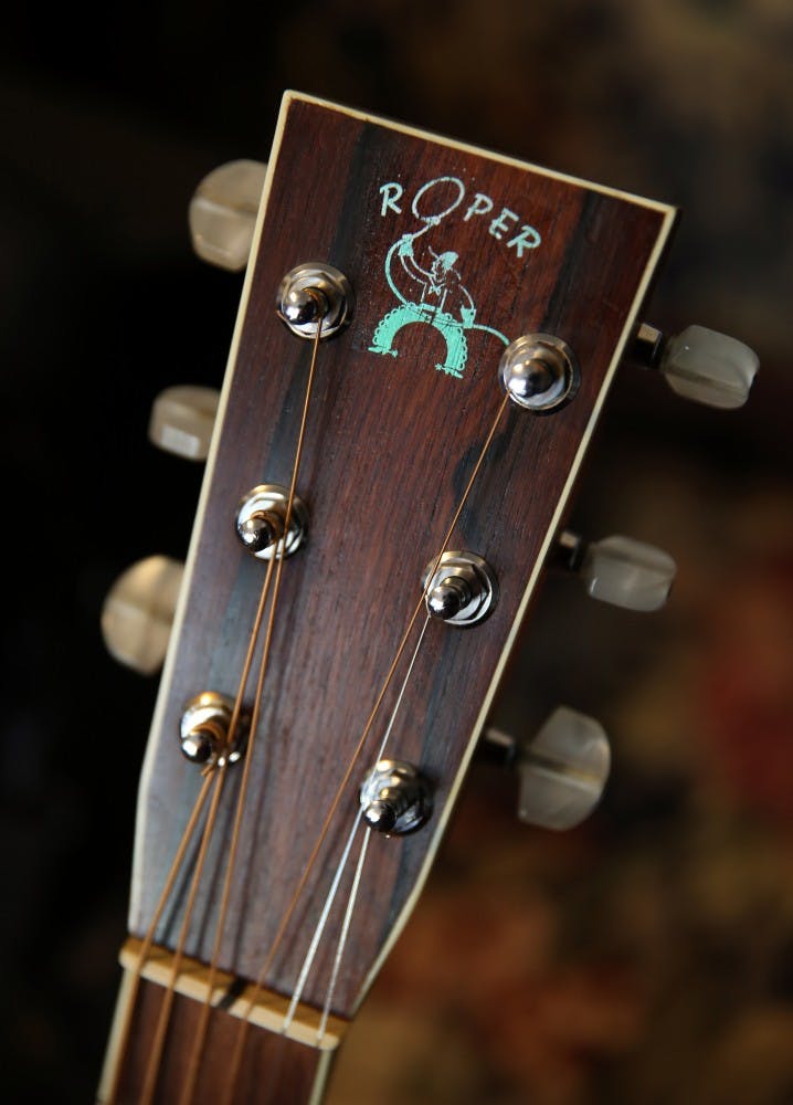 One of Bruce Roper's personal guitars is seen with his logo in Chicago on Oct. 13, 2015. (Terrence Antonio James/Chicago Tribune/TNS)