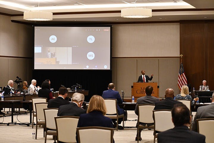 Provost William Tate speaks to the audience during the board of trustees meeting on Nov. 13, 2020.