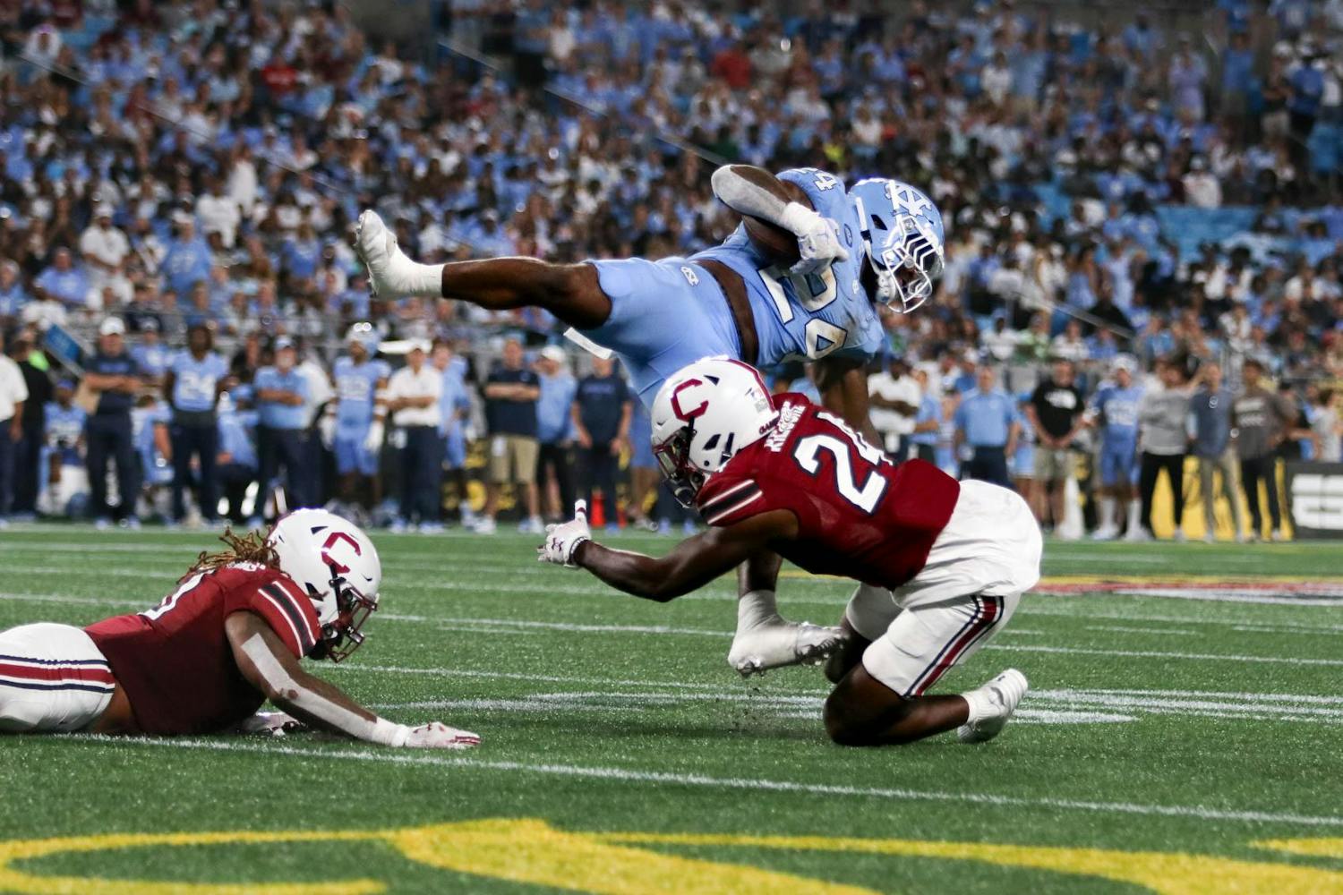 FILE —&nbsp;Freshman defensive back Jalon Kilgore tackles a player from the University of North Carolina at the Duke's Mayo Classic on Sep. 2, 2023, at Bank of America Stadium in Charlotte, North Carolina. The Tar Heels defeated the Gamecocks 31-17.